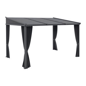 Outsunny Pergola Pavillon mit Schiebedach und Vorhängen, moderne Terrassenüberdachung aus Aluminium und Metall, Anthrazit, B/T: 365 x 255 cm