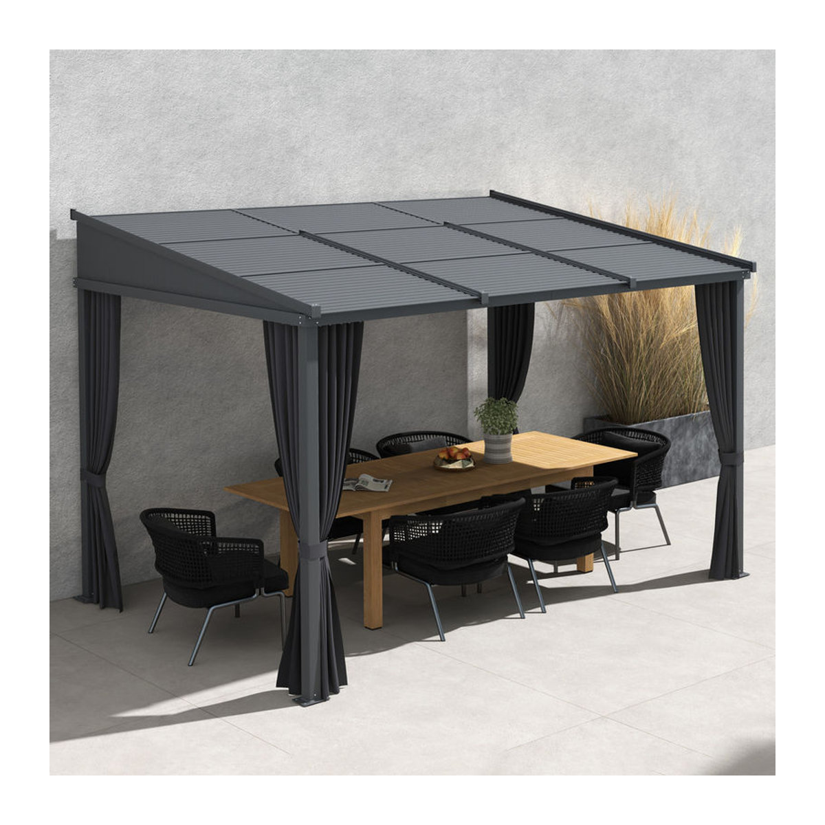 Outsunny Pergola Pavillon mit Schiebedach und Vorhängen, moderne Terrassenüberdachung aus Aluminium und Metall, Anthrazit, B/T: 365 x 255 cm - Bild 2