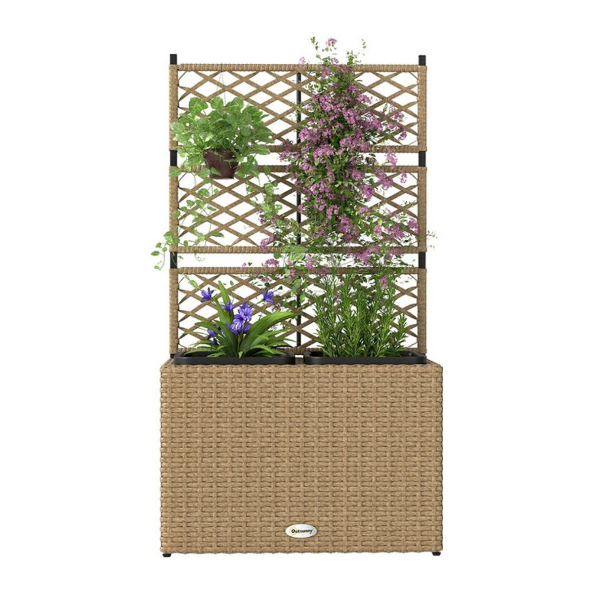 Outsunny Pflanzenkübel mit Rankgitter und 2 Töpfen aus Polyrattan und Stahl, Farbe: Beige, H x B x T: 107 x 57 x 30 cm - Bild 1