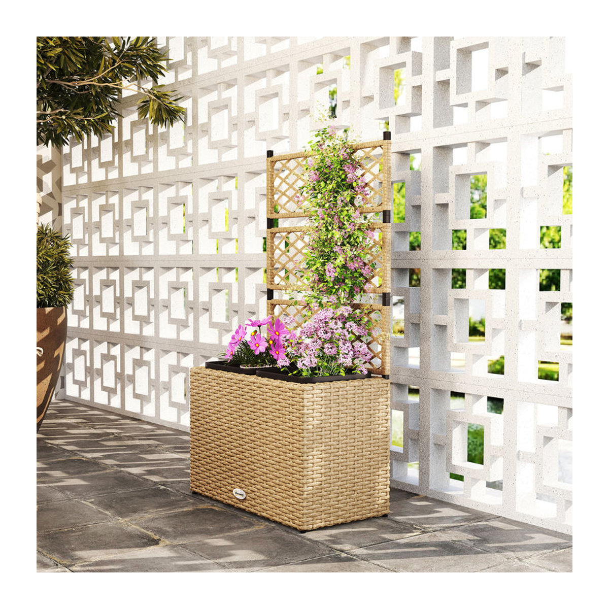Outsunny Pflanzenkübel mit Rankgitter und 2 Töpfen aus Polyrattan und Stahl, Farbe: Beige, H x B x T: 107 x 57 x 30 cm - Bild 2