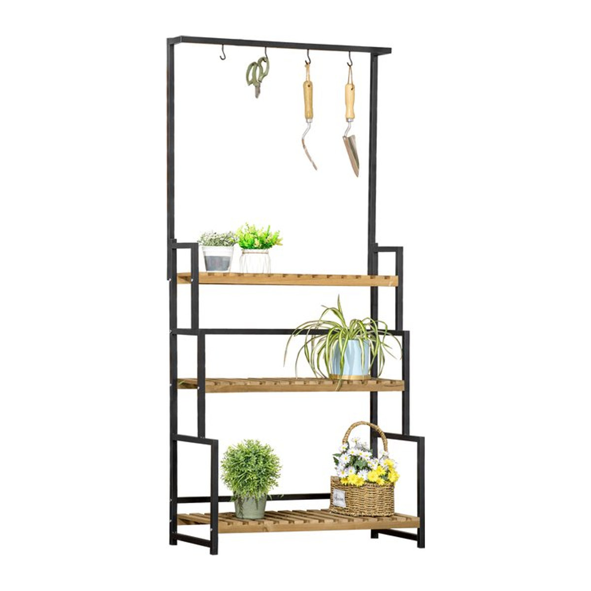 Outsunny Pflanzenregal aus Holz und Metall mit 3 Ebenen, Blumentreppe für Garten und Balkon, B/T/H: 80 x 36 x 174 cm - Bild 1