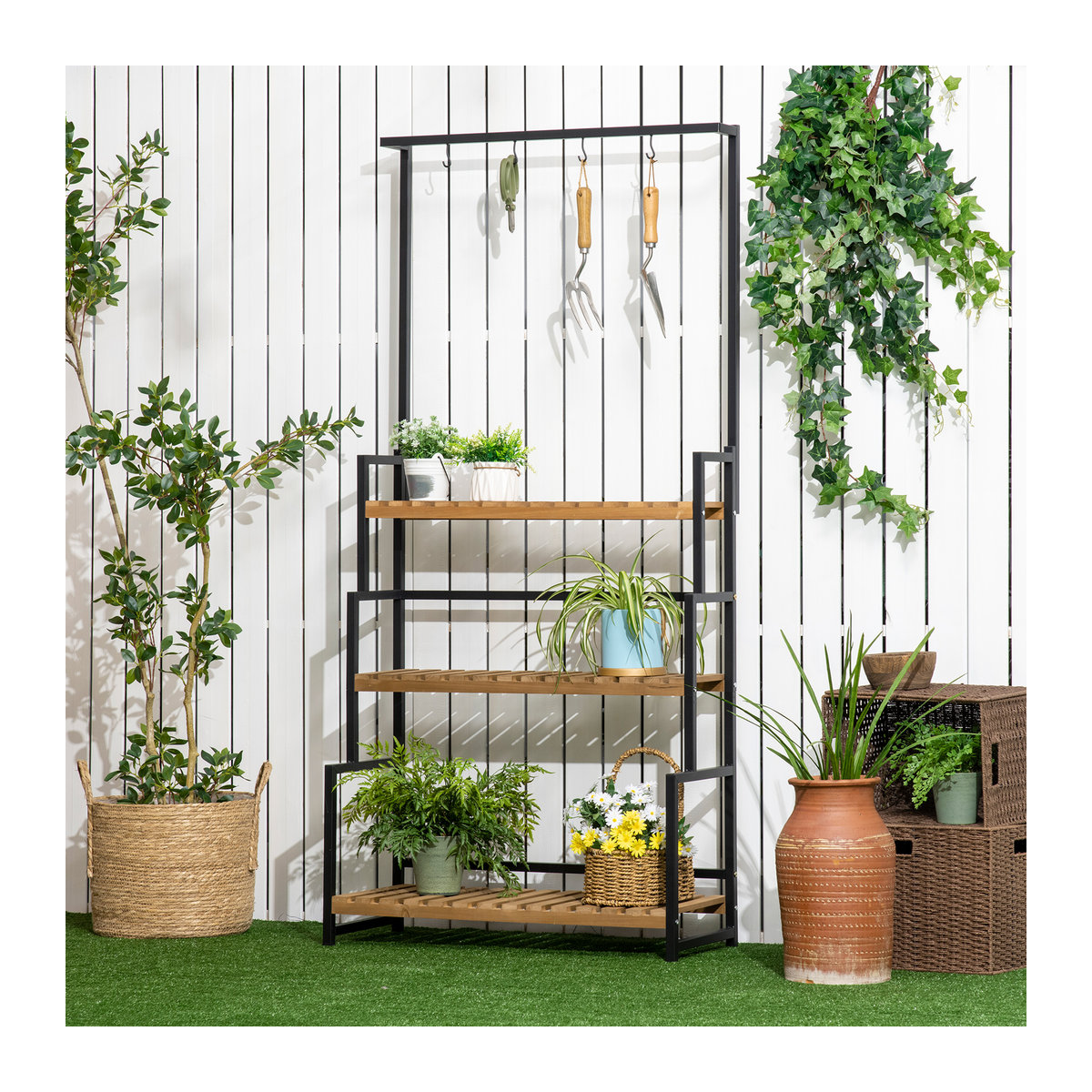 Outsunny Pflanzenregal aus Holz und Metall mit 3 Ebenen, Blumentreppe für Garten und Balkon, B/T/H: 80 x 36 x 174 cm - Bild 2