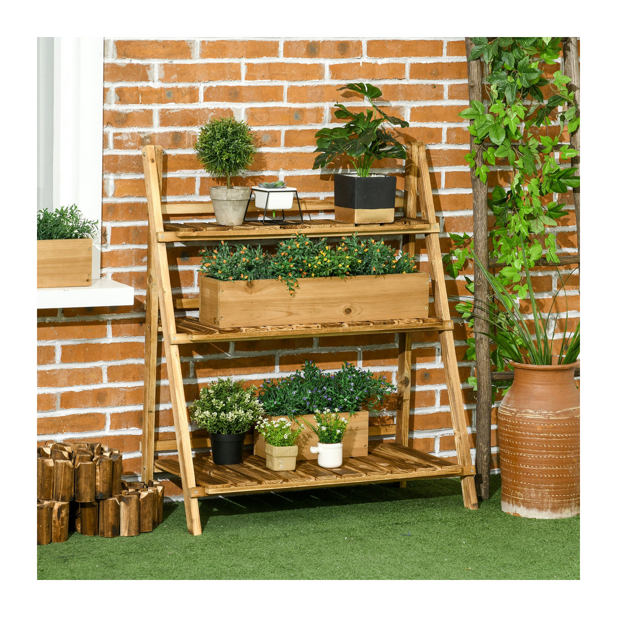 Outsunny Pflanzentreppe Blumenbank aus Tannenholz in Dunkelbraun, 3 Stufen Blumenregal für Garten und Balkon, B/T/H: 80 x 37 x 93 cm - Bild 2