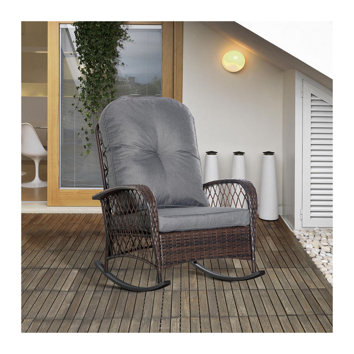 Outsunny Poly Rattan Schaukelstuhl mit Kissen in Braun, bequemer Schaukelsessel für Garten und Terrasse, B/T/H: 75 x 103 x 96 cm - Bild 2