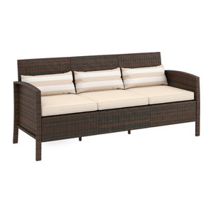 Outsunny Polyrattan Garten Loungesofa Dreisitzer mit Kissen aus Stahl, Braun, Beige, Weiß, B/T/H: 173 x 68 x 78 cm