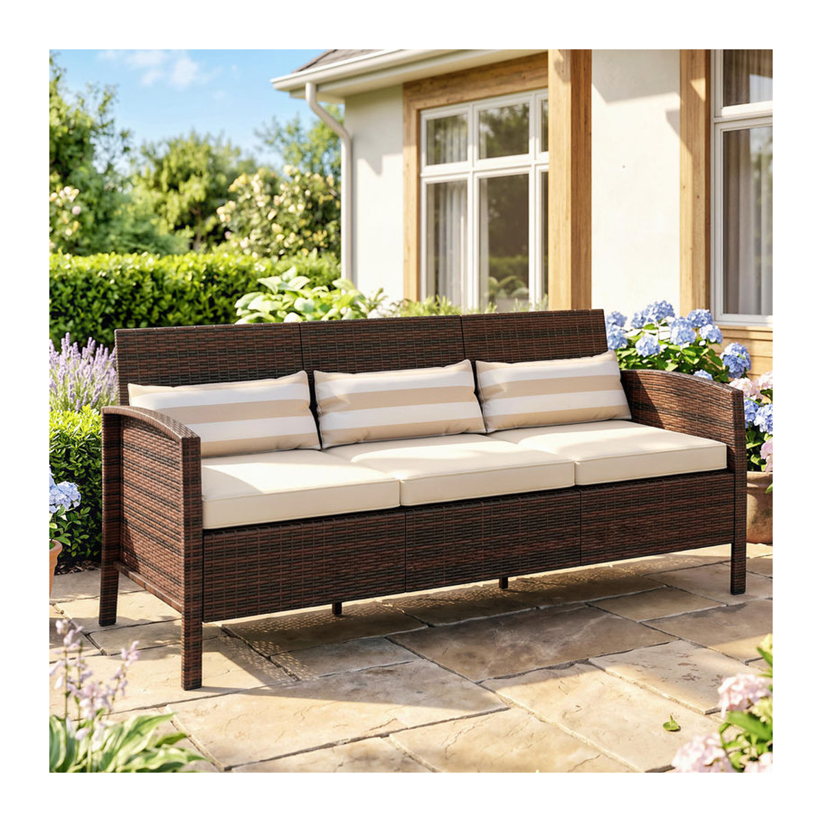 Outsunny Polyrattan Garten Loungesofa Dreisitzer mit Kissen aus Stahl, Braun, Beige, Weiß, B/T/H: 173 x 68 x 78 cm - Bild 2