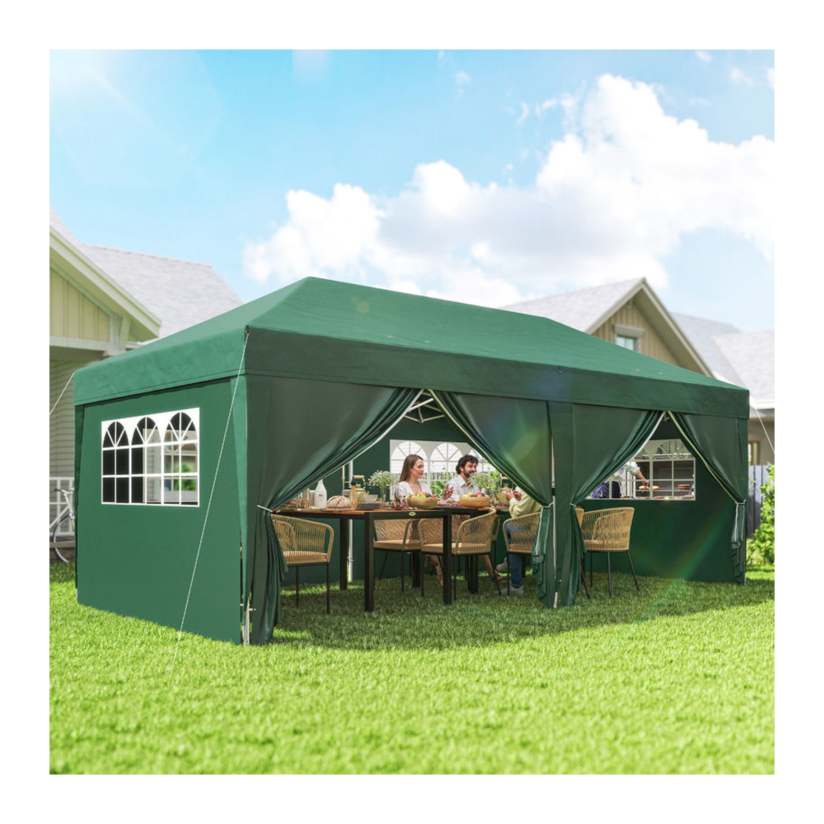 Outsunny Pop-up Faltpavillon mit Seitenteilen und Reißverschlusstür, winterfestes Gartenzelt mit UV-Schutz, Dunkelgrün, B/T: 600 x 300 cm - Bild 2