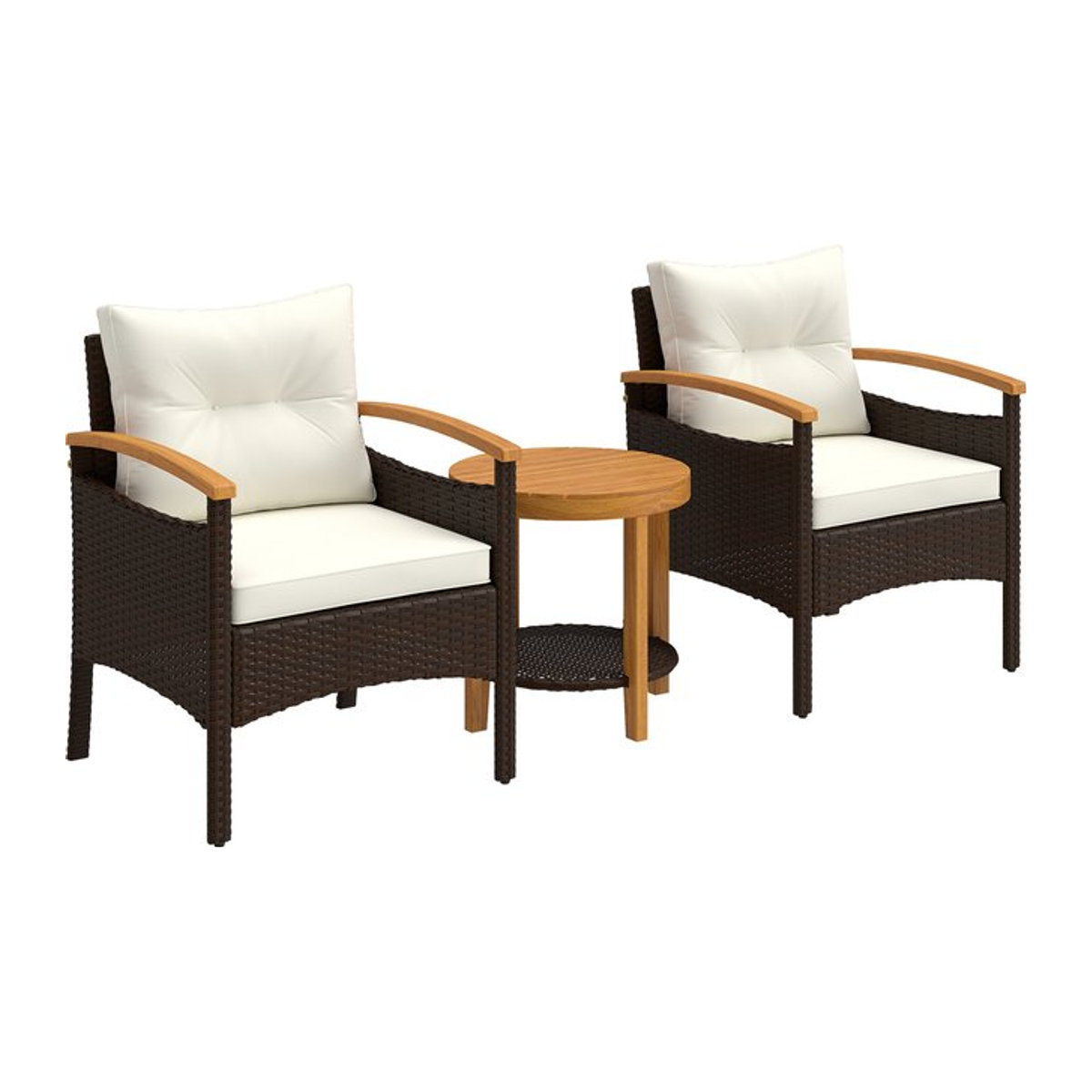Outsunny Rattan Bistroset 3-teiliges Gartenmöbel-Set aus Akazienholz und Polyrattan mit 2 Sesseln und 2-Ebenen Tisch in Cremeweiß von Aosom - Bild 1