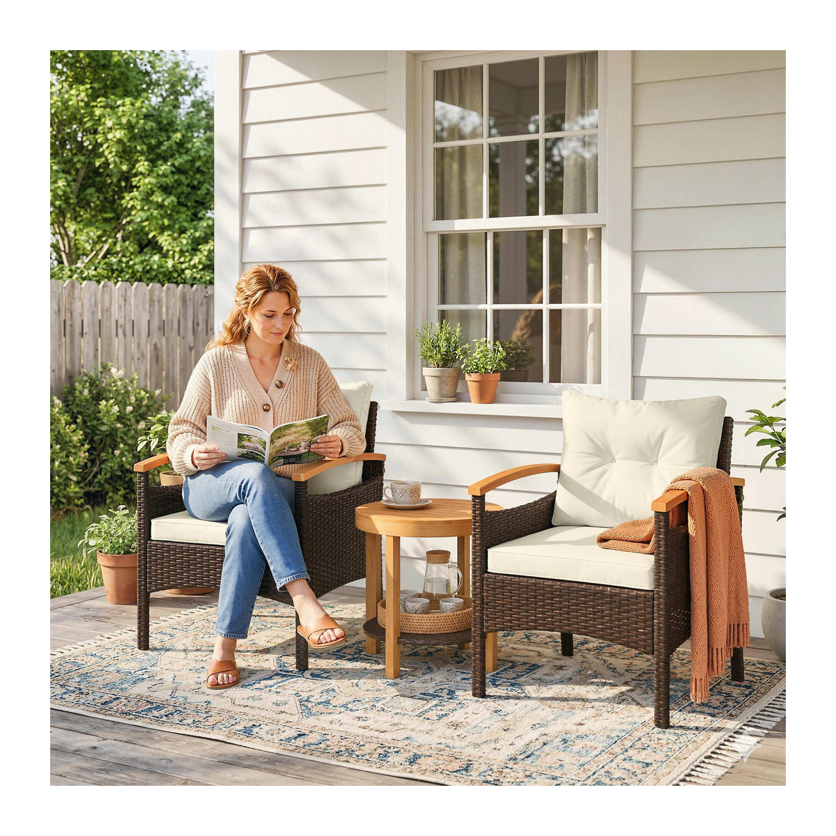 Outsunny Rattan Bistroset 3-teiliges Gartenmöbel-Set aus Akazienholz und Polyrattan mit 2 Sesseln und 2-Ebenen Tisch in Cremeweiß von Aosom - Bild 2