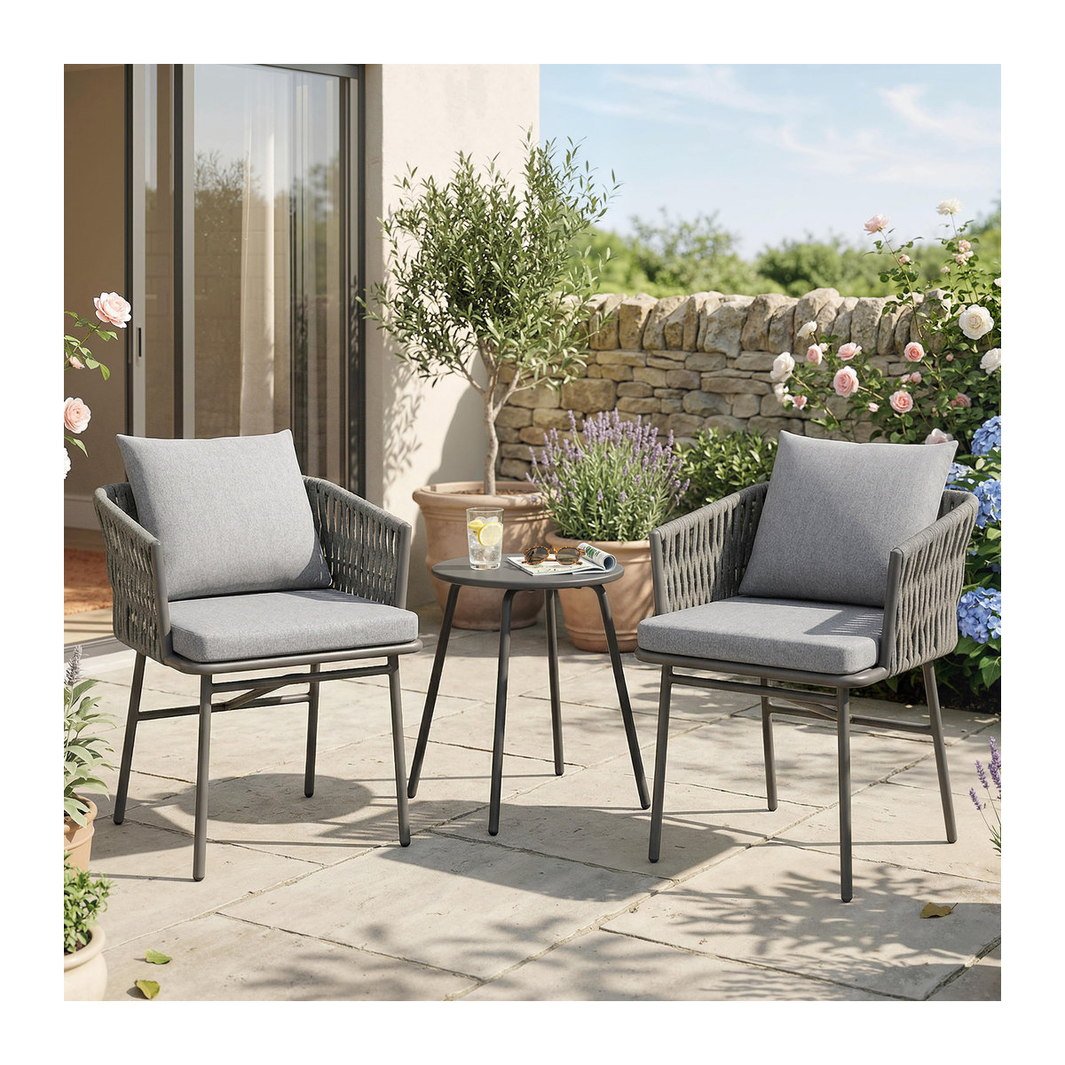 Outsunny Rattan Bistroset 3-tlg. Gartenmöbel-Set aus Polyrattan in Grau mit Couchtisch und 2 Sesseln, B/H/L: 58 x 69 x 63 cm - Bild 2
