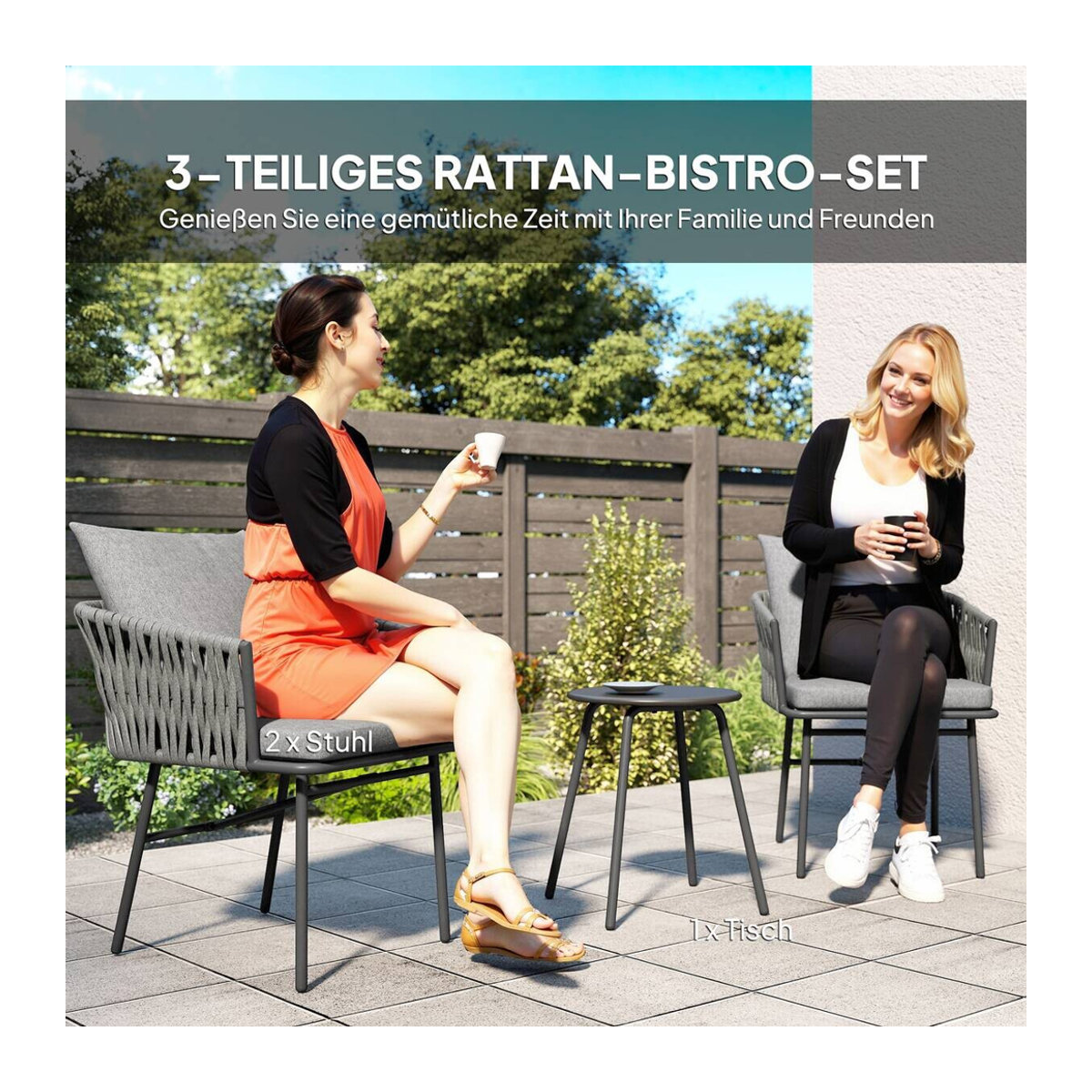 Outsunny Rattan Bistroset 3-tlg. Gartenmöbel-Set aus Polyrattan in Grau mit Couchtisch und 2 Sesseln, B/H/L: 58 x 69 x 63 cm - Bild 4