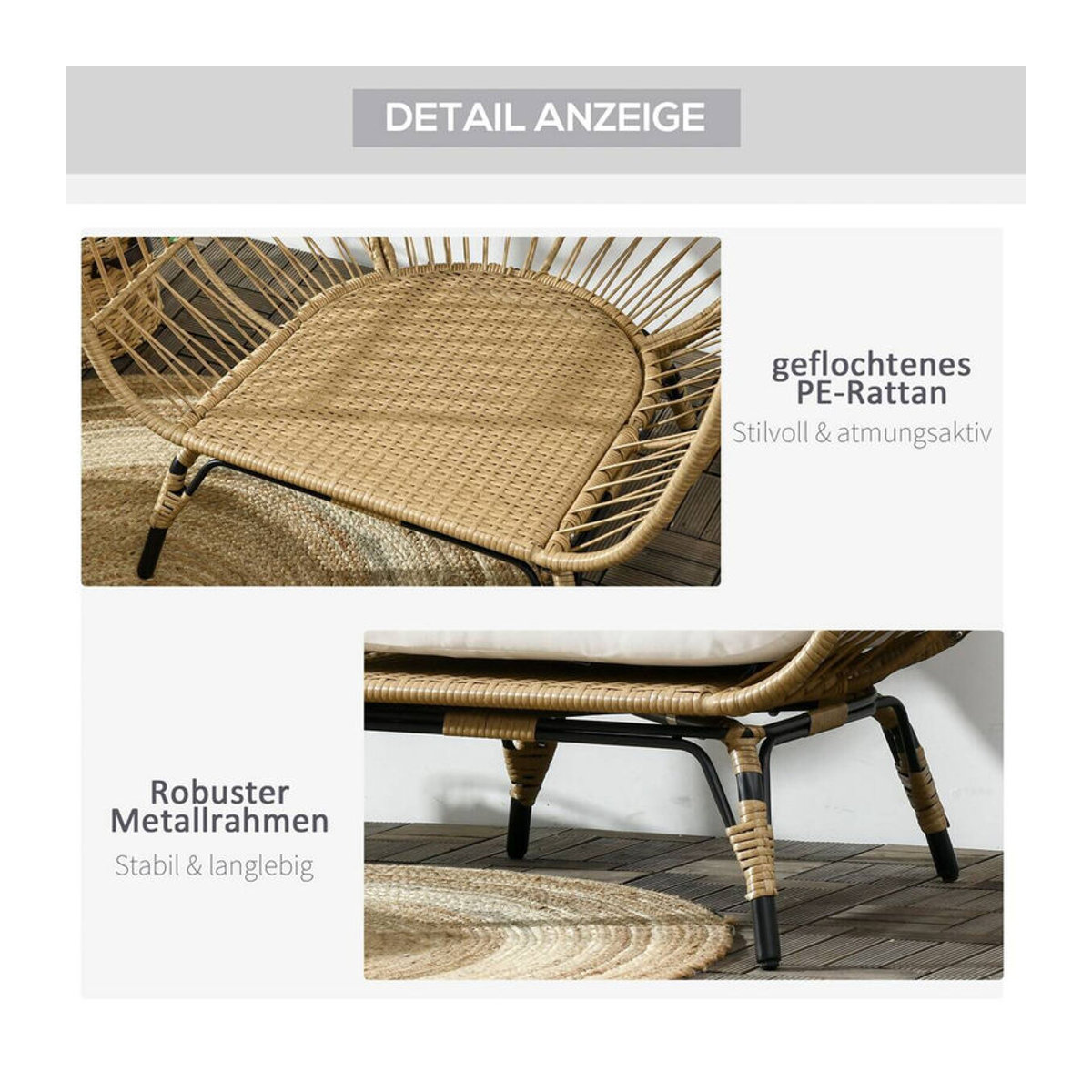Outsunny Rattansessel in Korbform mit Sitzkissen aus Polyrattan und Metall, Farbe: Beige, B/T/H: 105 x 97 x 150 cm - Bild 3