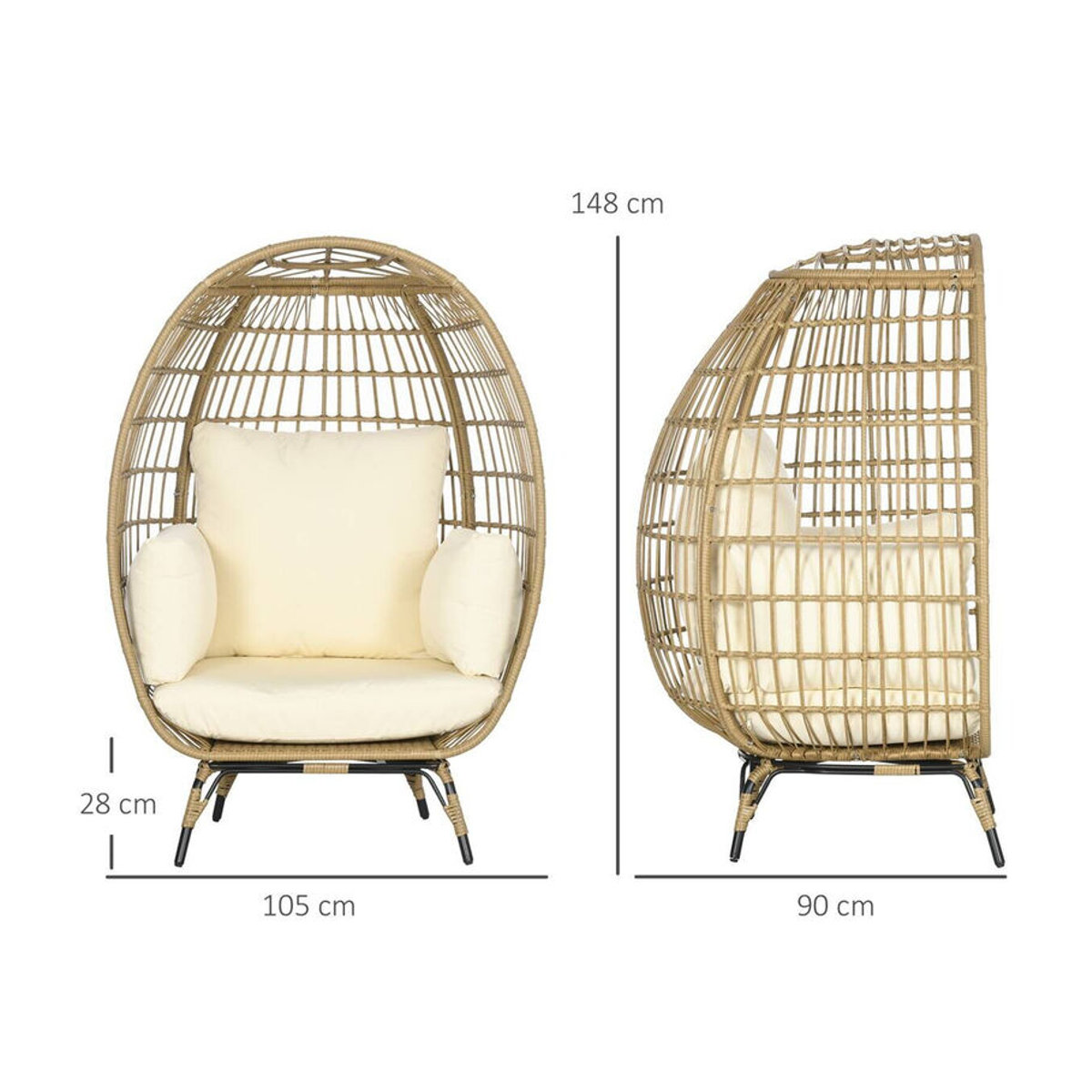 Outsunny Rattansessel in Korbform mit Sitzkissen aus Polyrattan und Metall, Farbe: Beige, B/T/H: 105 x 97 x 150 cm - Bild 4
