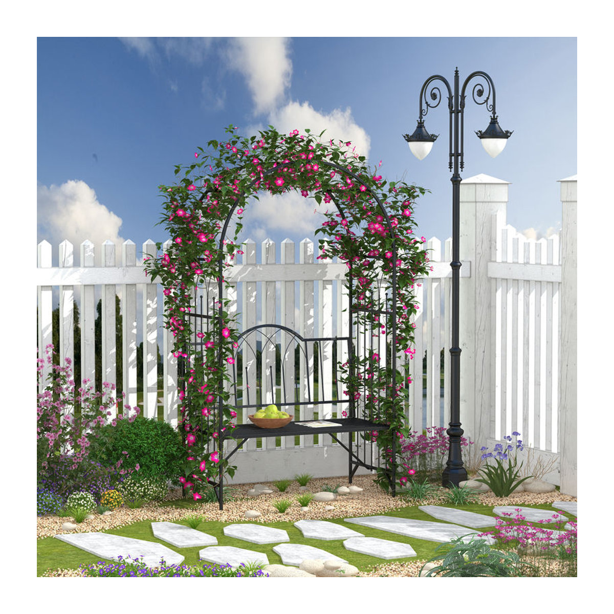 Outsunny Rosenbogen aus Metall mit Gartenbank in Schwarz, B/T/H: 121 x 50 x 203 cm - Bild 3