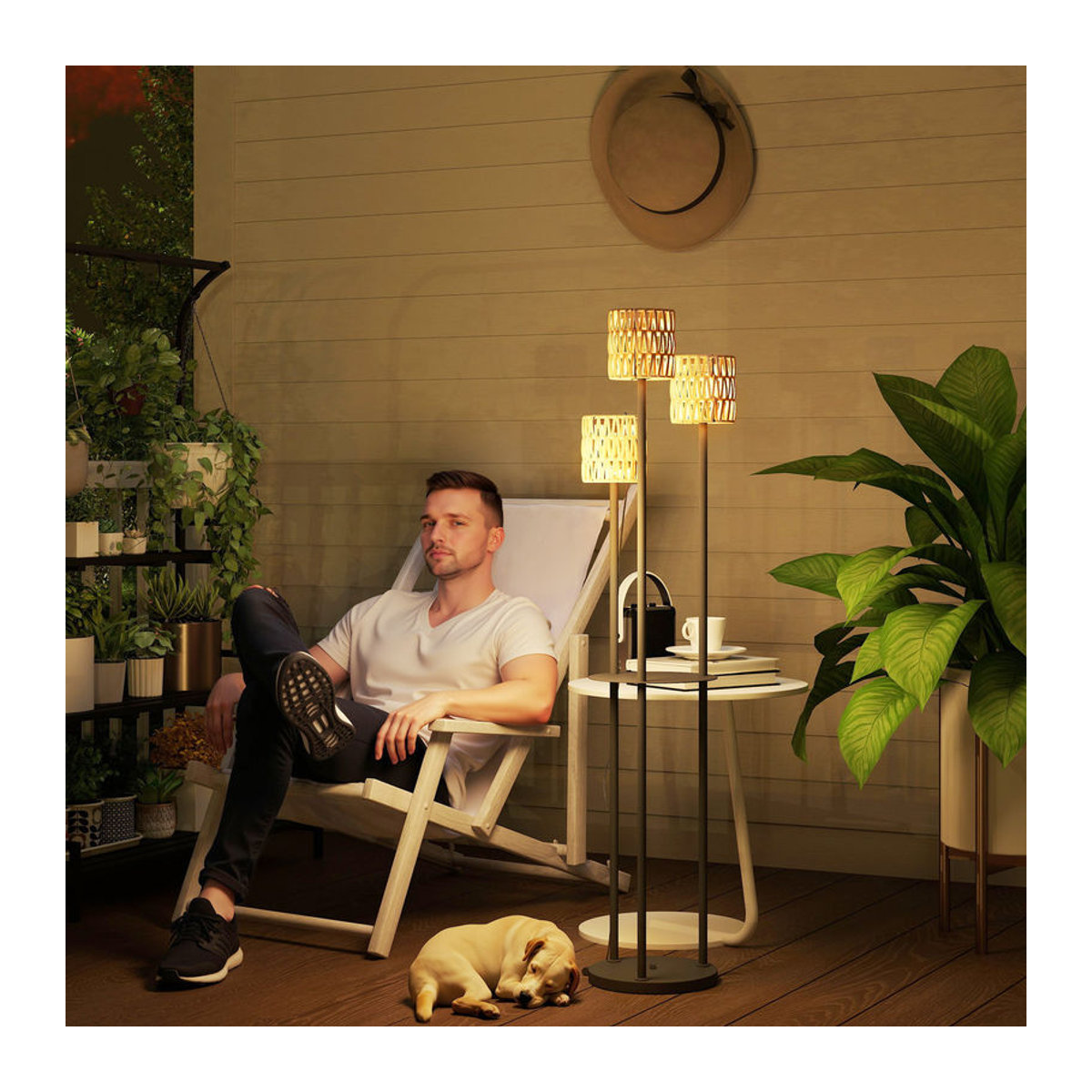 Outsunny Solar-Stehlampe im Boho-Stil aus Rattan mit LED und Lichtsensor, IP44 wasserdicht, Gelb, Durchmesser: 37 cm, Höhe: 144 cm - Bild 2