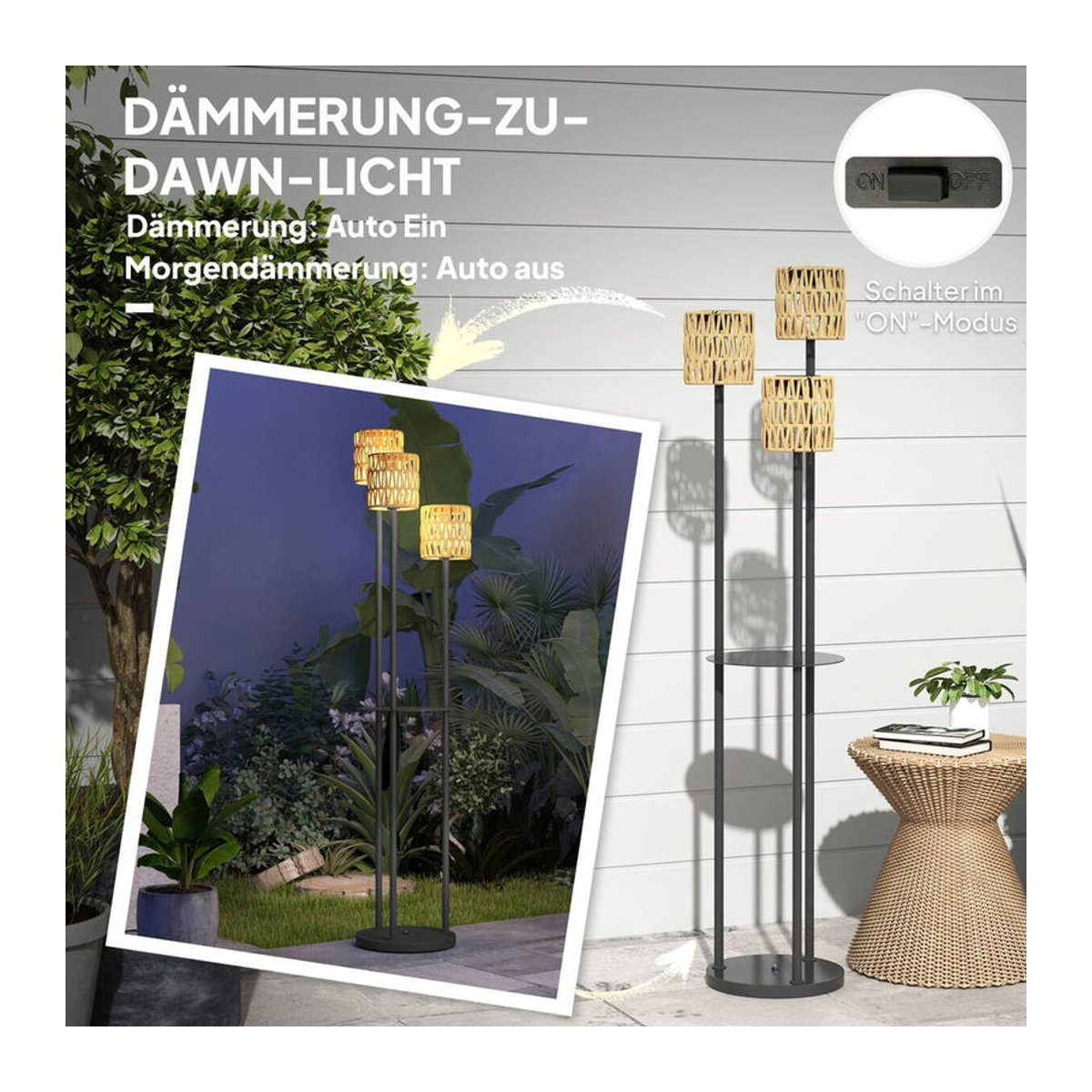 Outsunny Solar-Stehlampe im Boho-Stil aus Rattan mit LED und Lichtsensor, IP44 wasserdicht, Gelb, Durchmesser: 37 cm, Höhe: 144 cm - Bild 3
