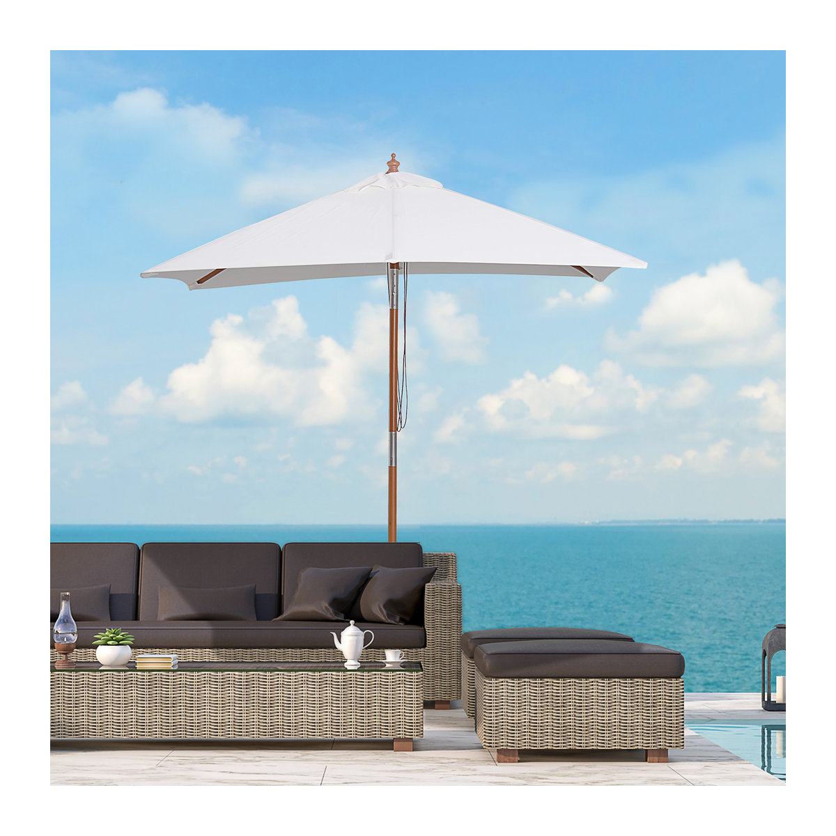 Outsunny Sonnenschirm aus Tannenholz und Polyester in Cremeweiß, 3-stufig einstellbar, B/T/H: 200 x 150 x 235 cm - Bild 2
