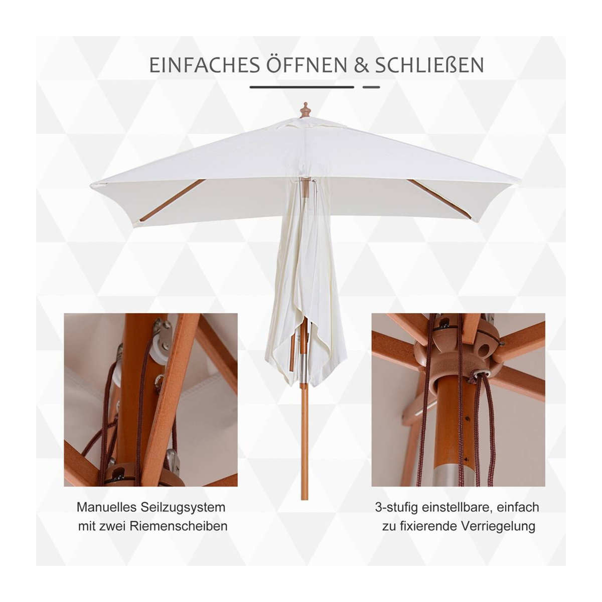 Outsunny Sonnenschirm aus Tannenholz und Polyester in Cremeweiß, 3-stufig einstellbar, B/T/H: 200 x 150 x 235 cm - Bild 3