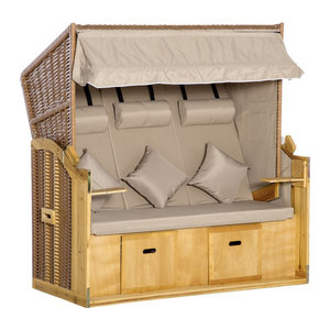 Outsunny Strandkorb 3-Sitzer Sonnenliege mit Dach, 2 Klapptischen und Fußstütze aus Polyrattan in Natur, B/T/H: 150 x 79 x 160 cm