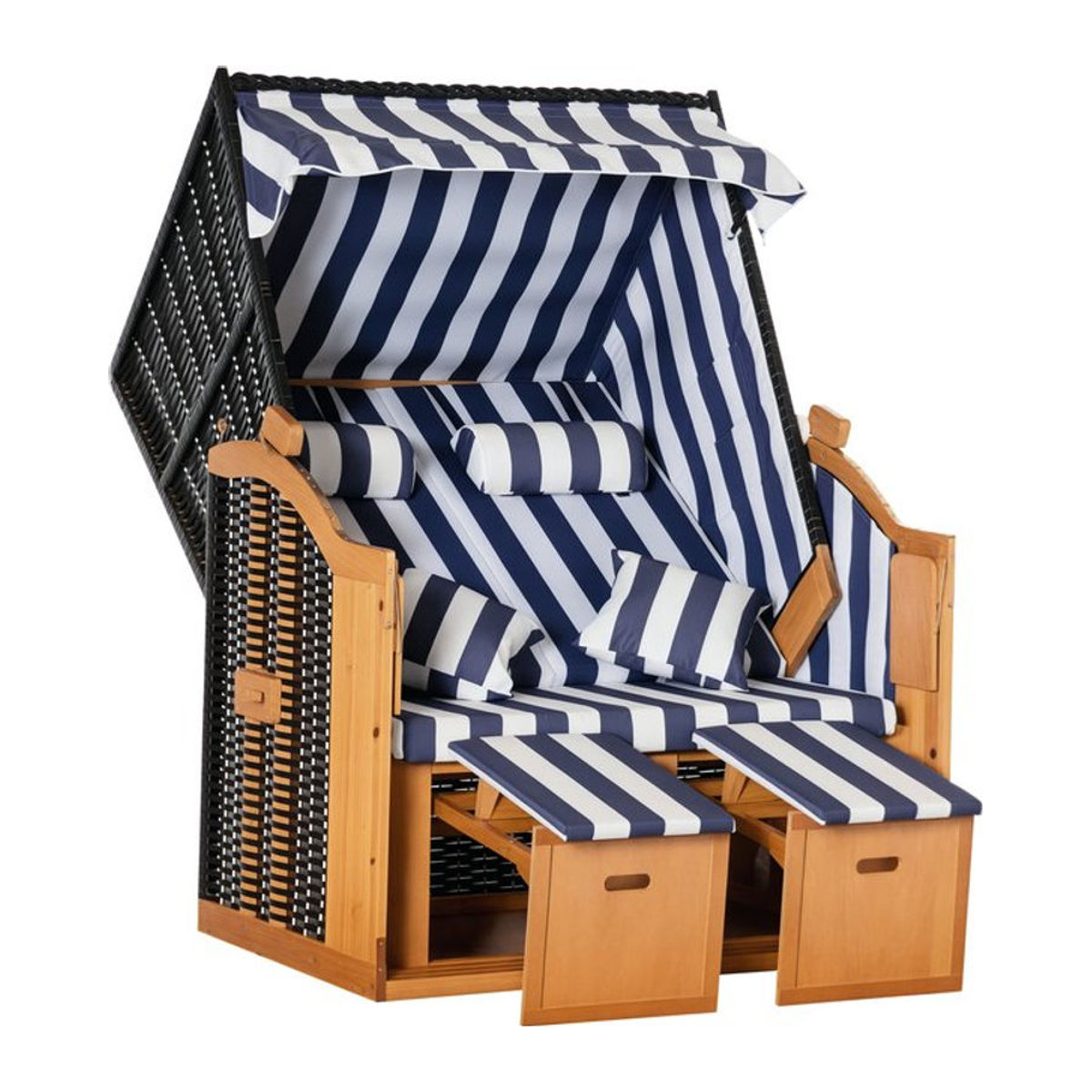 Outsunny Strandkorb Doppel-Sonnenliege aus Polyrattan und Holz mit Dach und Getränkehaltern, Blau-Weiß, B/T/H: 118 x 79 x 160 cm - Bild 1