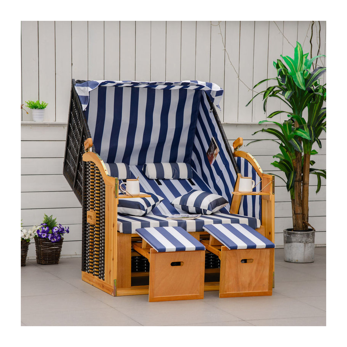 Outsunny Strandkorb Doppel-Sonnenliege aus Polyrattan und Holz mit Dach und Getränkehaltern, Blau-Weiß, B/T/H: 118 x 79 x 160 cm - Bild 2