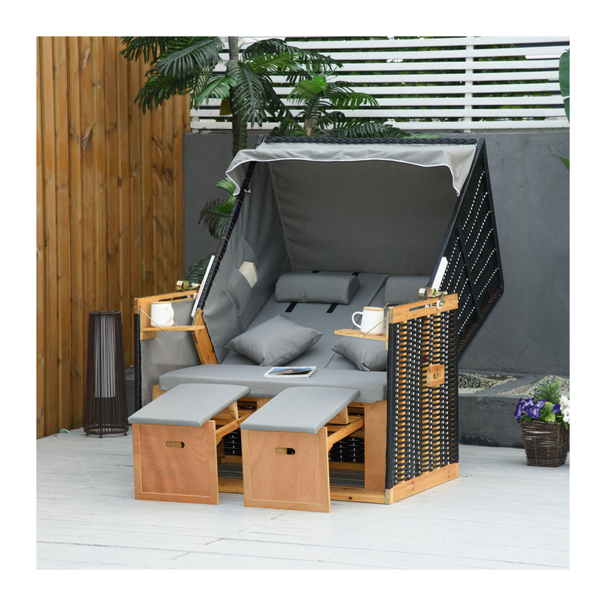 Outsunny Strandkorb Volllieger Gartenliege aus Polyrattan mit Getränkehaltern, Grau, B/T/H: 118 x 79 x 160 cm - Bild 2