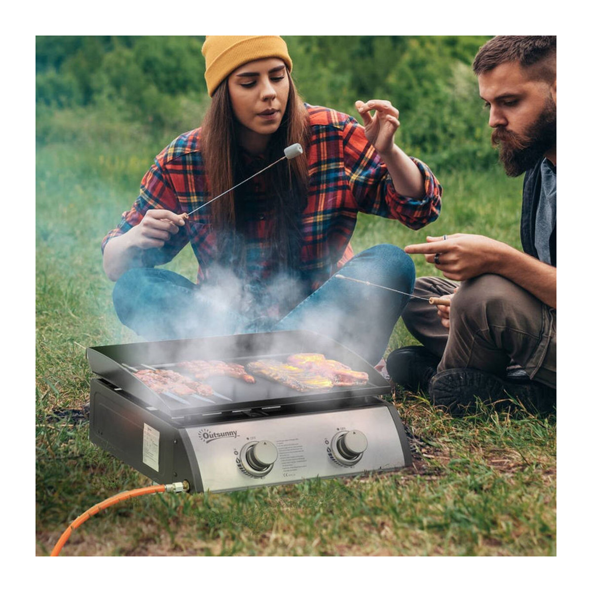 Outsunny Tischgasgrill mit 2 Brennern aus Edelstahl und Metall in Schwarz und Silber, B/T/H: 48,5 x 46 x 21 cm - Bild 3