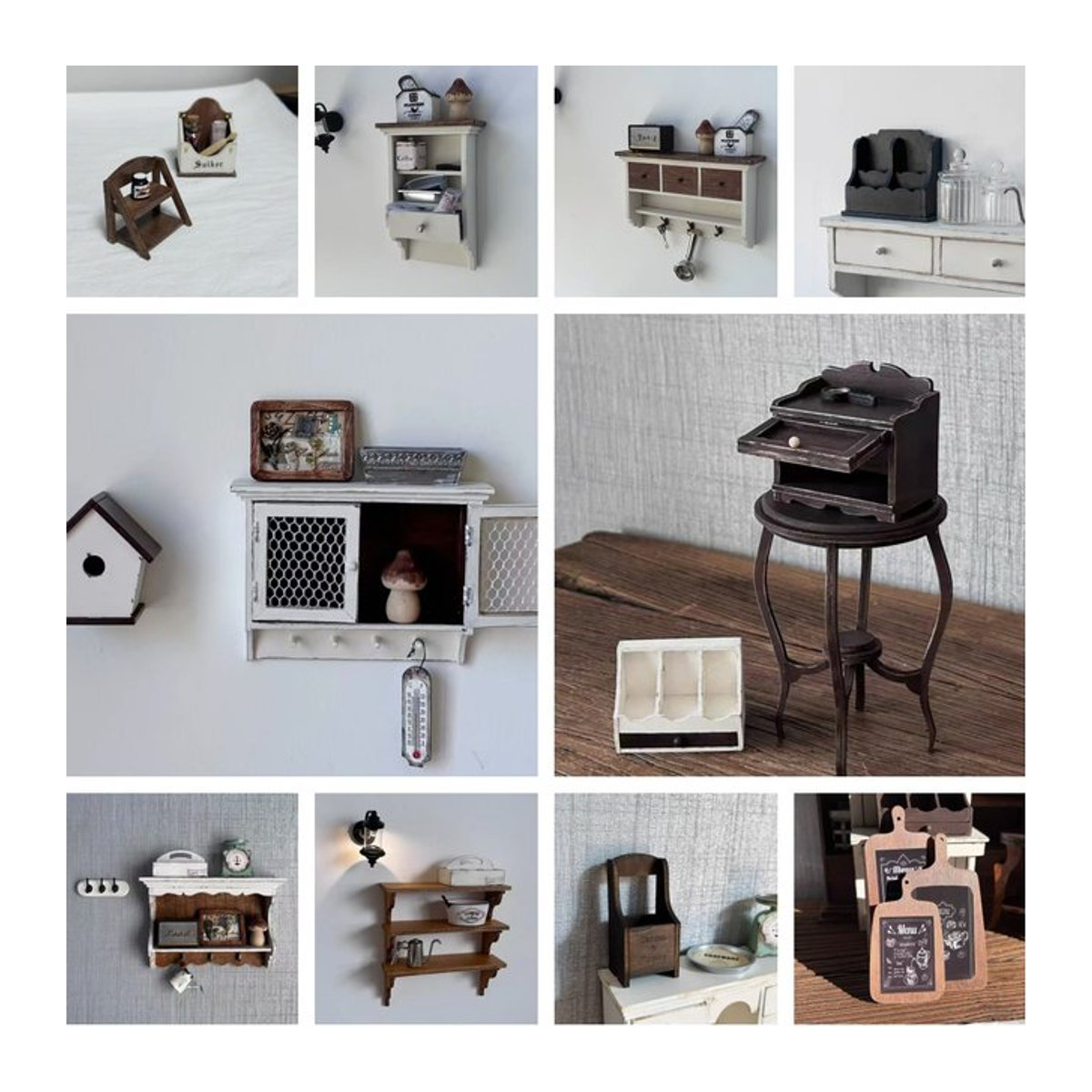 OUZEY Miniatur-Puppenhaus Möbelset Vintage Wandregal mit Tassenhalter in Weiß aus Holz für BJD und Blythe Puppen-Deko - Bild 1