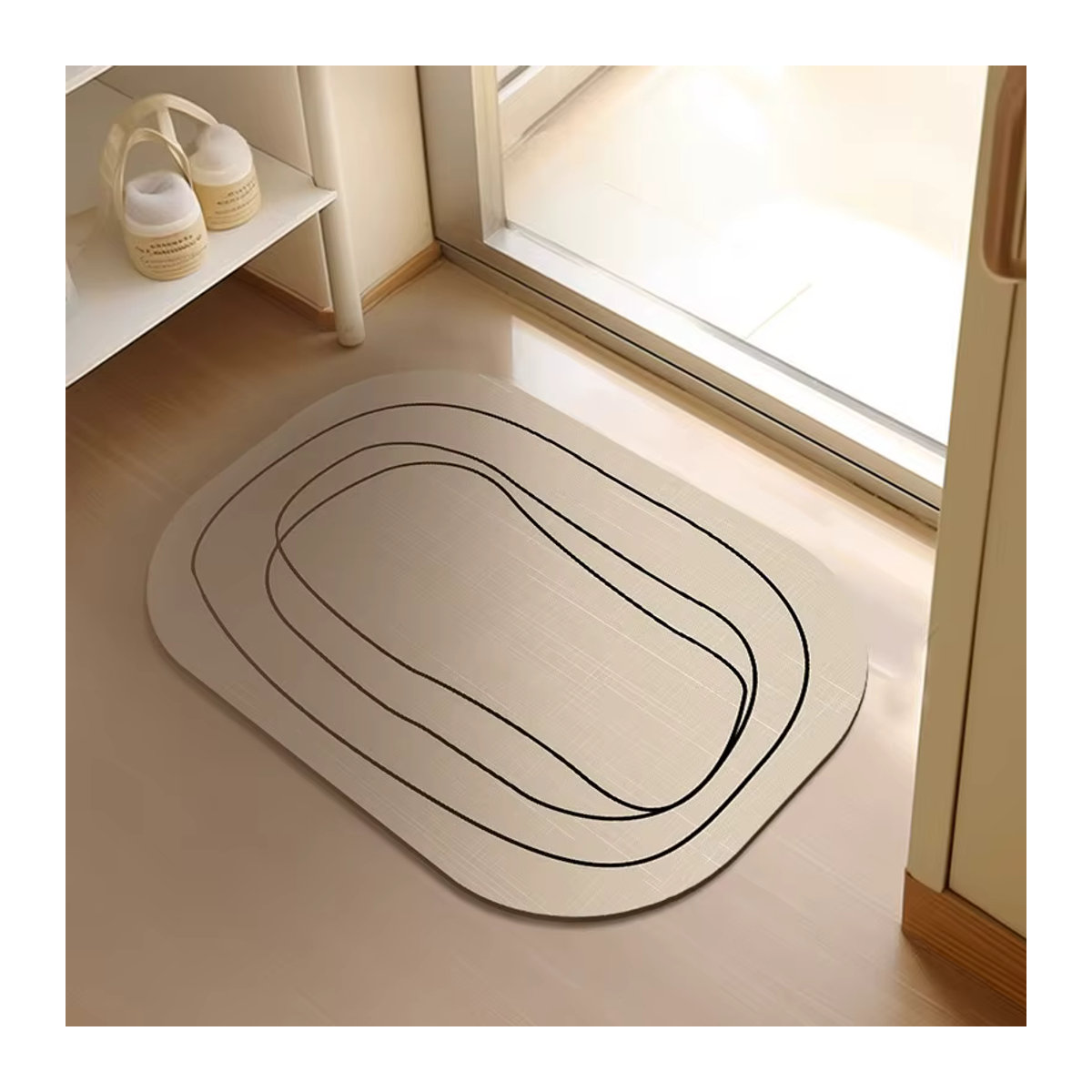 Ovale Badematte mit geometrischem Muster in Beige, wasserabsorbierend und rutschfest mit Gummiunterseite - Bild 2