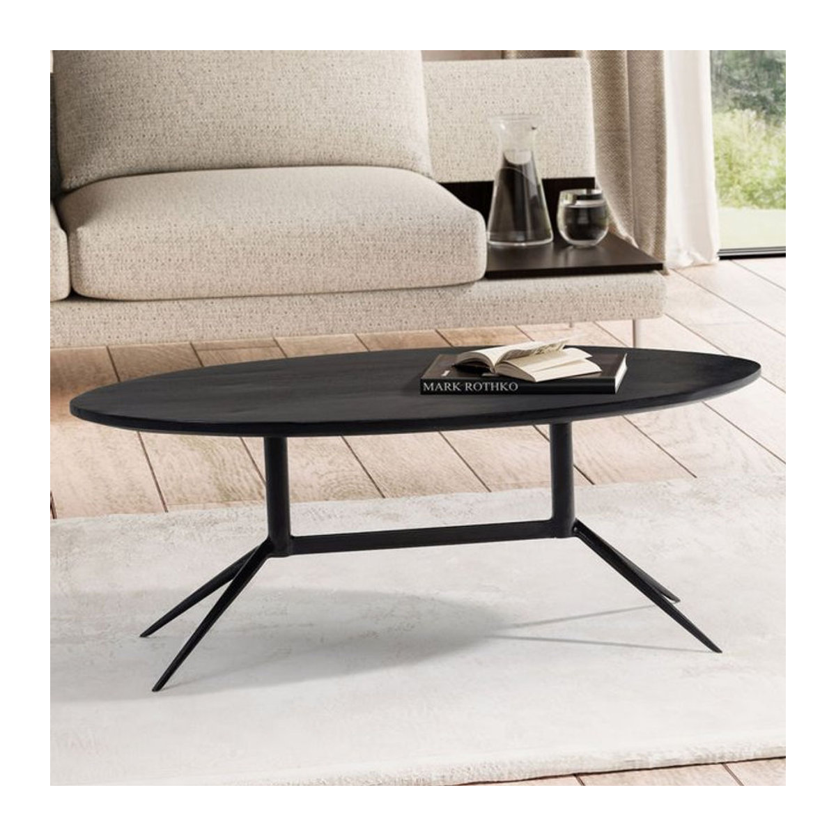 Ovaler Couchtisch Finebuy aus Massivholz in Natur und Schwarz, Modernes Design, Breite: 90 cm, Höhe: 35 cm, Tiefe: 50 cm - Bild 1