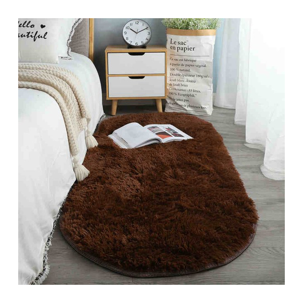 Ovaler flauschiger Langhaarteppich von ZZ HOME in Kaffeebraun, B/T: 140 x 200 cm - Bild 1