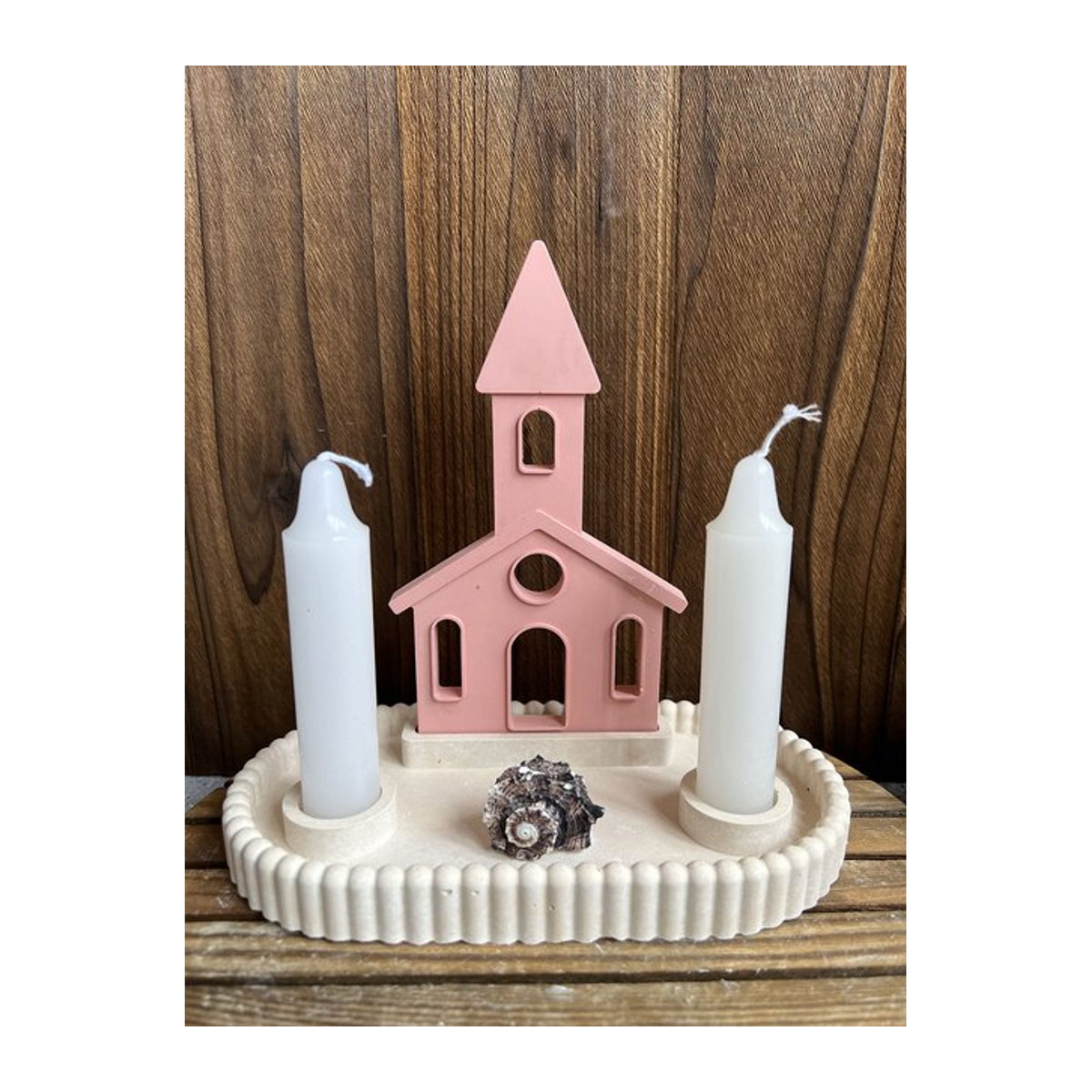Ovaler Kerzenhalter mit Baum des Lebens Design aus Beton und Kunstharz in Rosa als Schmuckdisplay und Deko-Tablett - Bild 1
