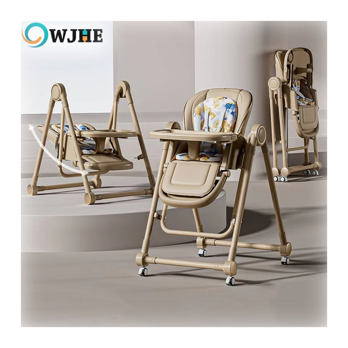 OWJHE 2-in-1 Kinderhochstuhl und Wippschaukel mit Rollen, umwandelbarer Futtersitz aus Kunstleder in Braun und Beige, faltbar für Kinder von 6 Monaten bis 3 Jahren - Bild 1