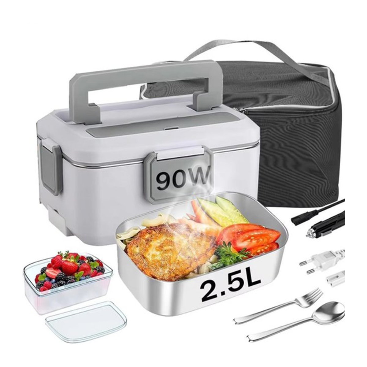 OWJHE Elektrische Heiz-Lunchbox mit Edelstahl-Inneneinsatz in Weiß, tragbarer Speisenwärmer und Bento-Box, 2,5/1,5 l - Bild 1