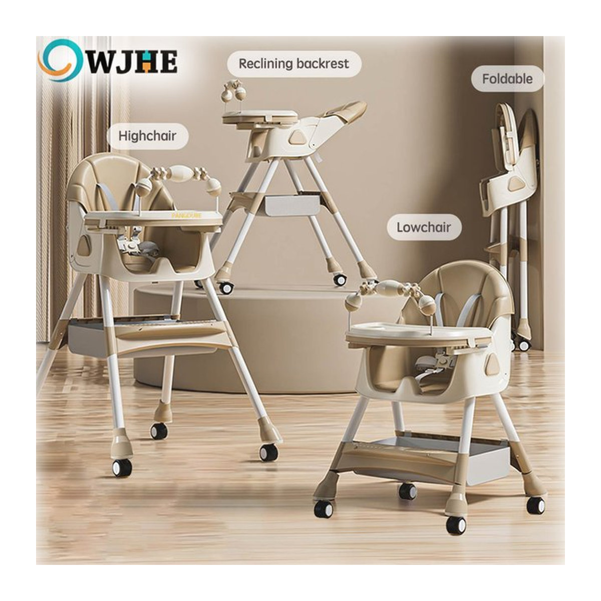 OWJHE Multifunktionaler klappbarer Baby-Hochstuhl mit 4 Rädern aus Kunstleder in Grau und Beige - Bild 1