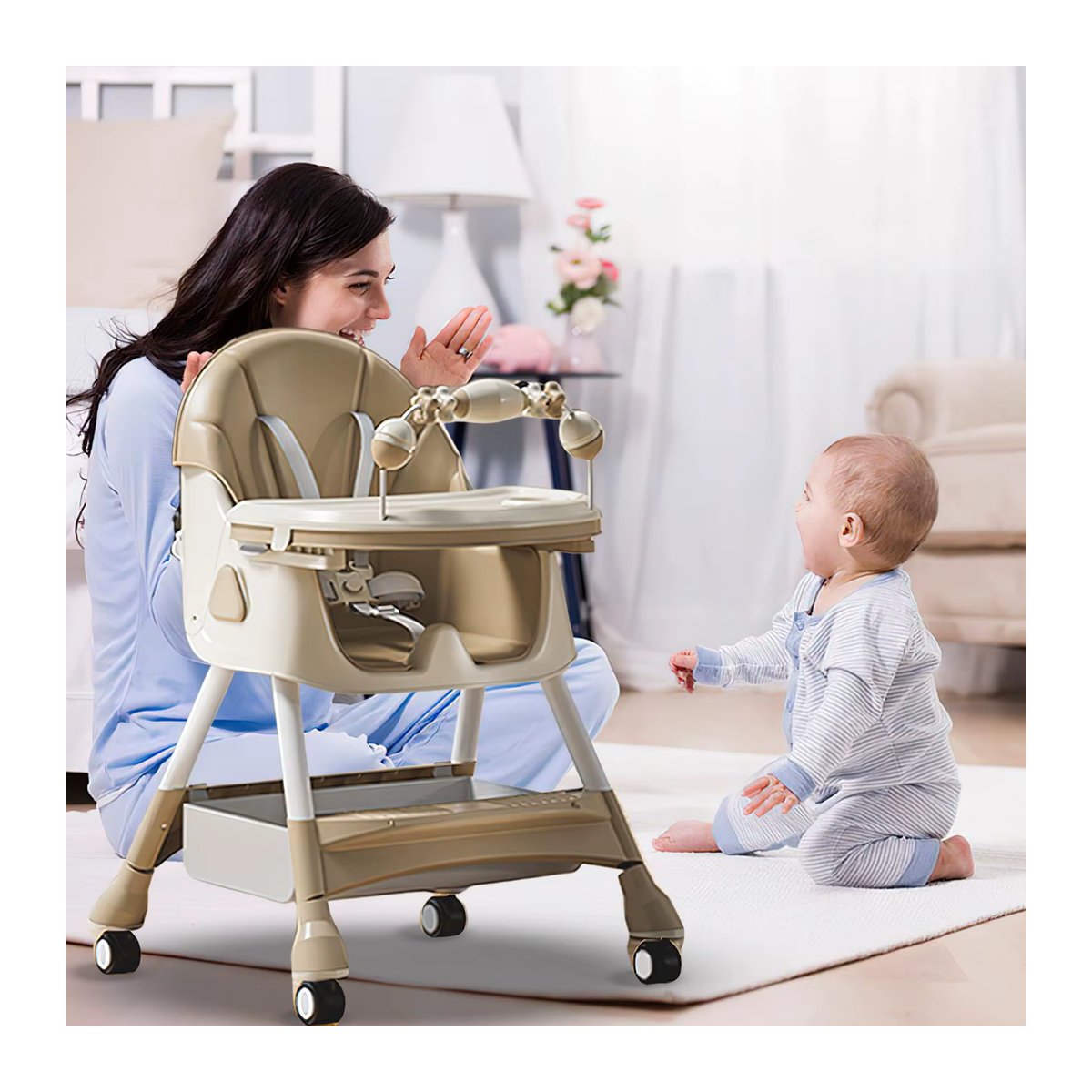 OWJHE Multifunktionaler klappbarer Baby-Hochstuhl mit 4 Rädern aus Kunstleder in Grau und Beige - Bild 2