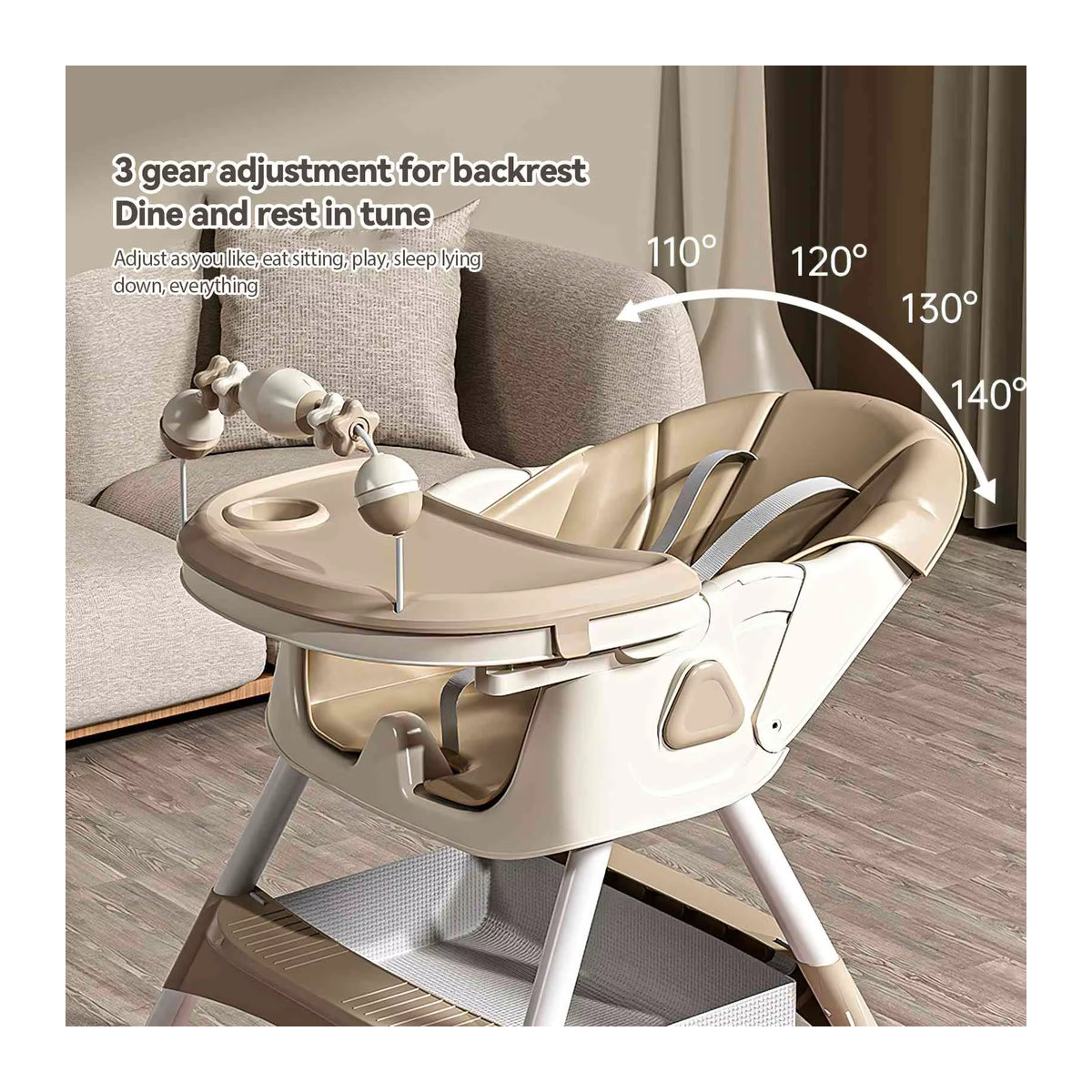 OWJHE Multifunktionaler klappbarer Baby-Hochstuhl mit 4 Rädern aus Kunstleder in Grau und Beige - Bild 3