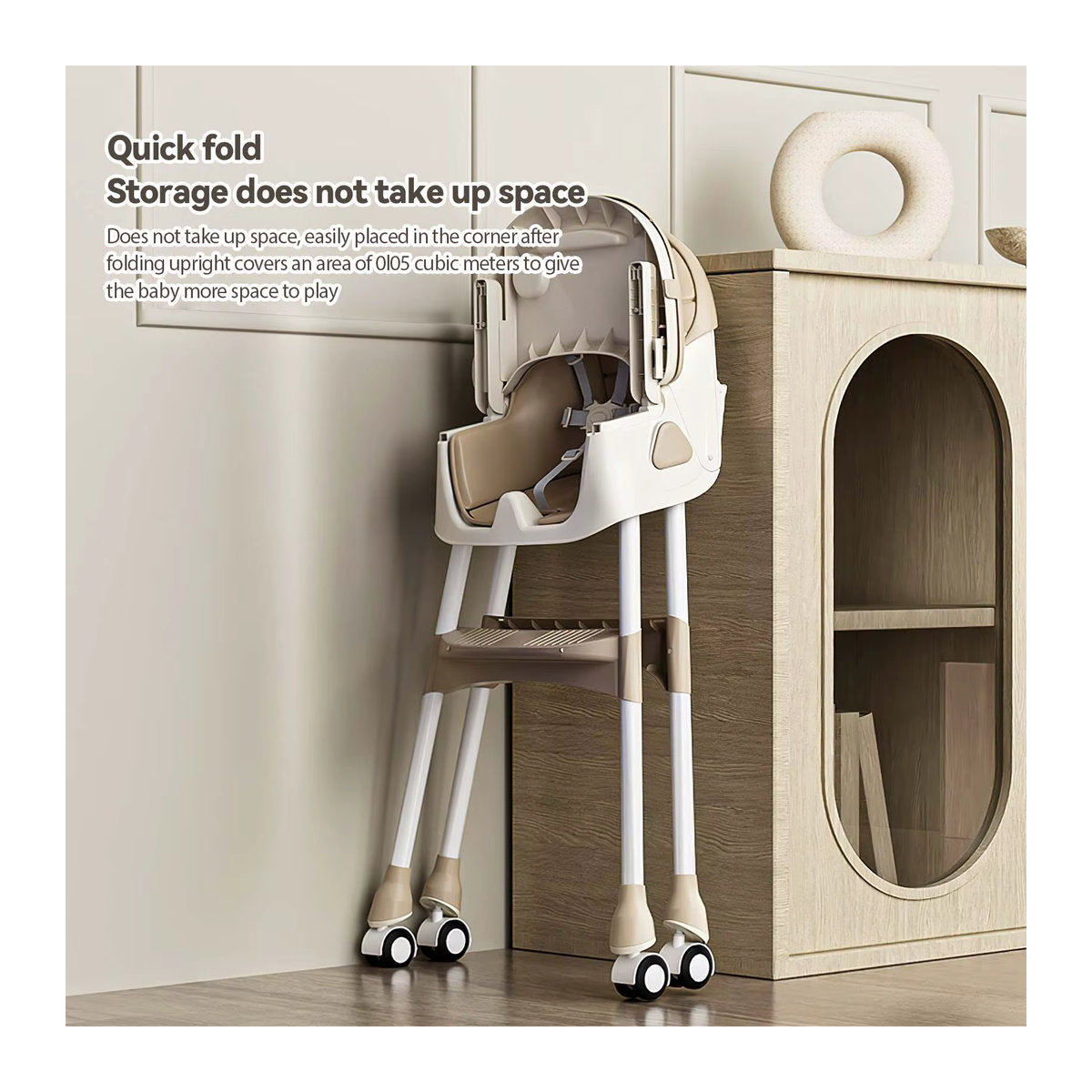 OWJHE Multifunktionaler klappbarer Baby-Hochstuhl mit 4 Rädern aus Kunstleder in Grau und Beige - Bild 4