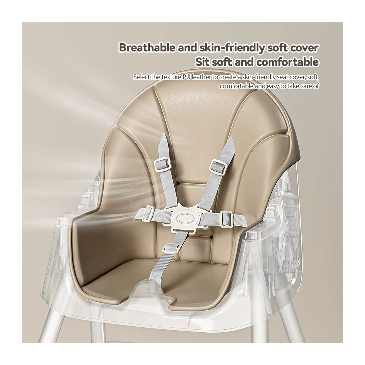 OWJHE Multifunktionaler klappbarer Baby-Hochstuhl mit 4 Rädern aus Kunstleder in Grau und Beige - Bild 5