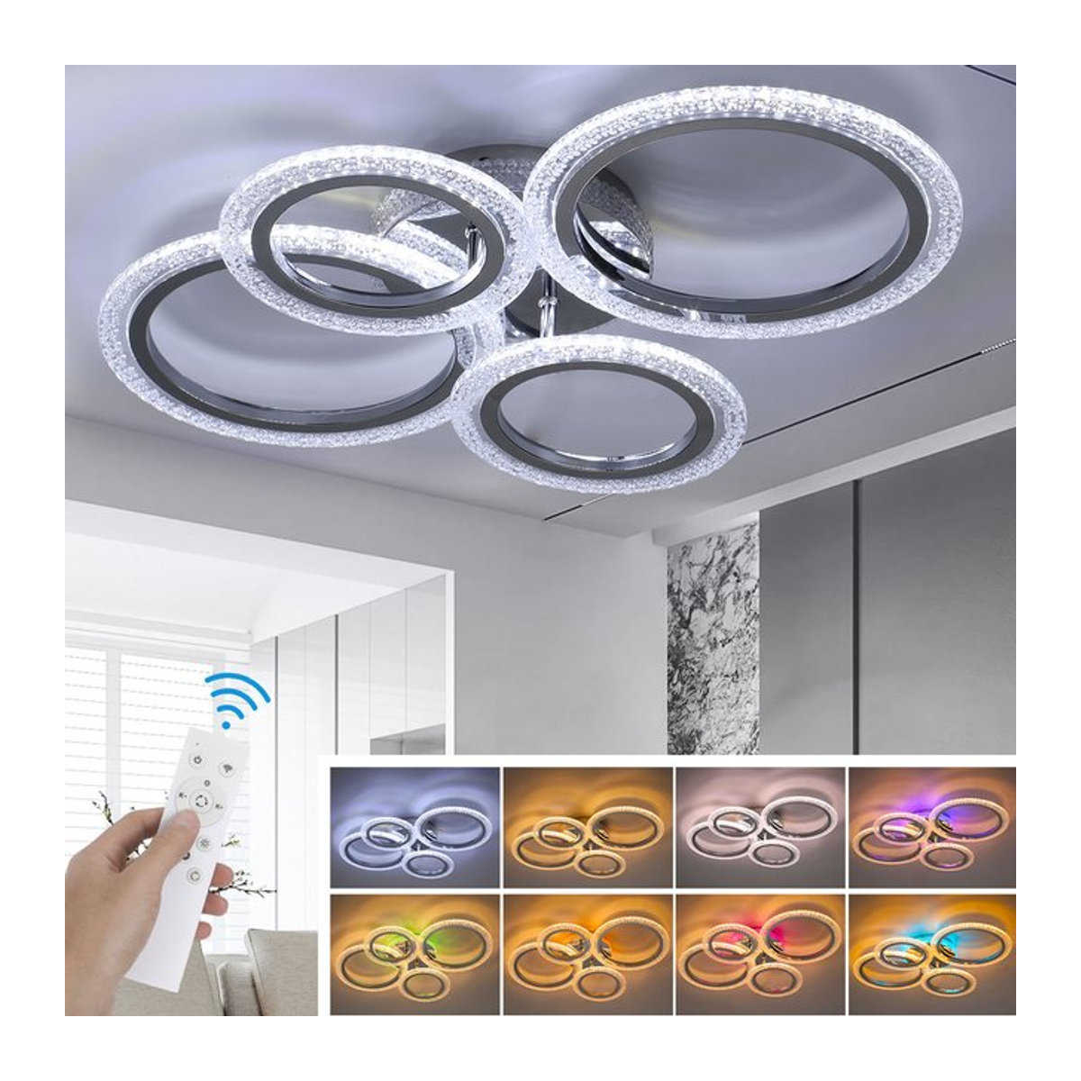 Oyajia 40W LED-Deckenleuchte in Silber, dimmbare 4-Ring-Deckenlampe im modernen Design mit Fernbedienung - Bild 1