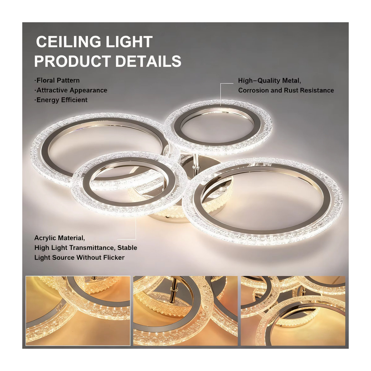Oyajia 40W LED-Deckenleuchte in Silber, dimmbare 4-Ring-Deckenlampe im modernen Design mit Fernbedienung - Bild 5
