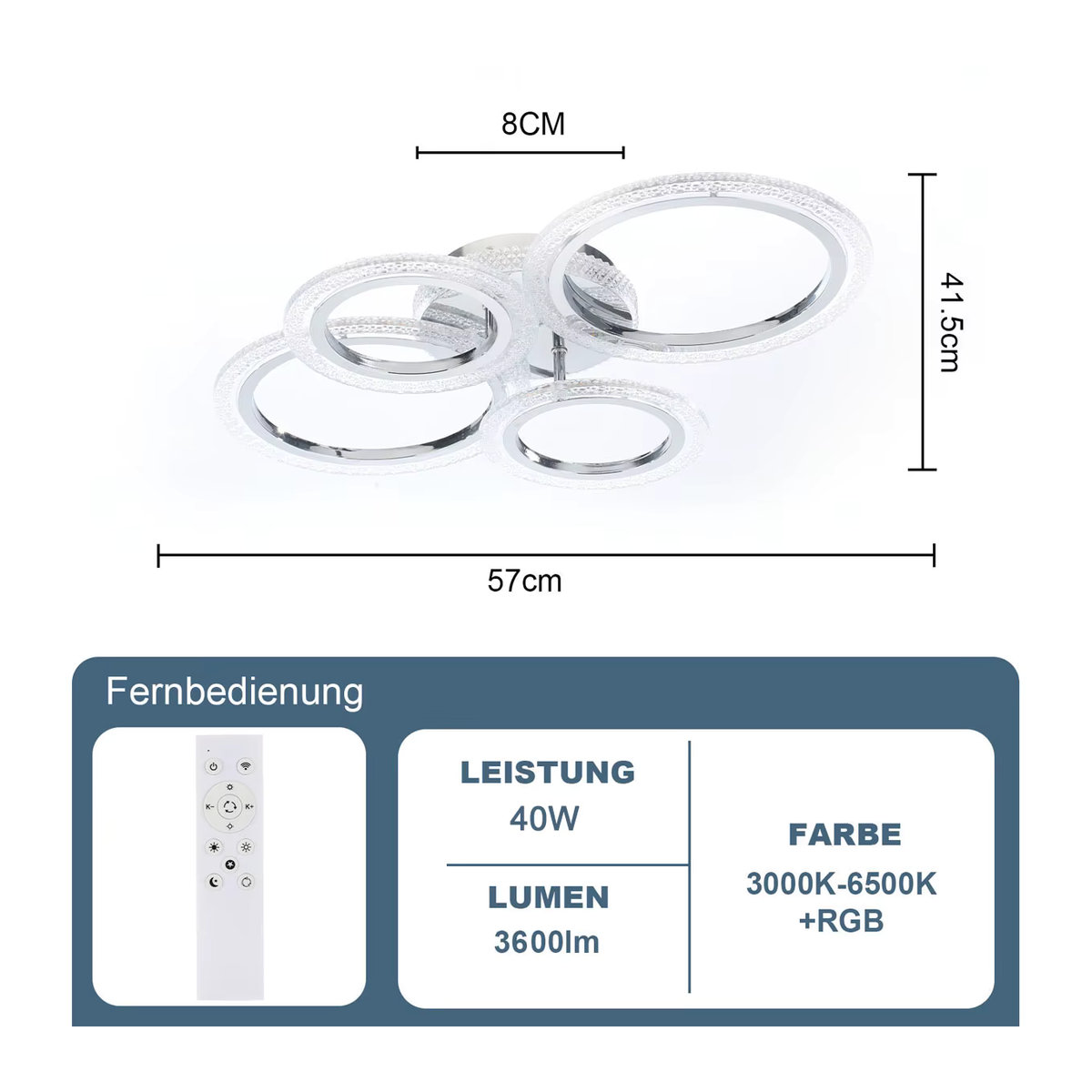 Oyajia 40W LED-Deckenleuchte in Silber, dimmbare 4-Ring-Deckenlampe im modernen Design mit Fernbedienung - Bild 6