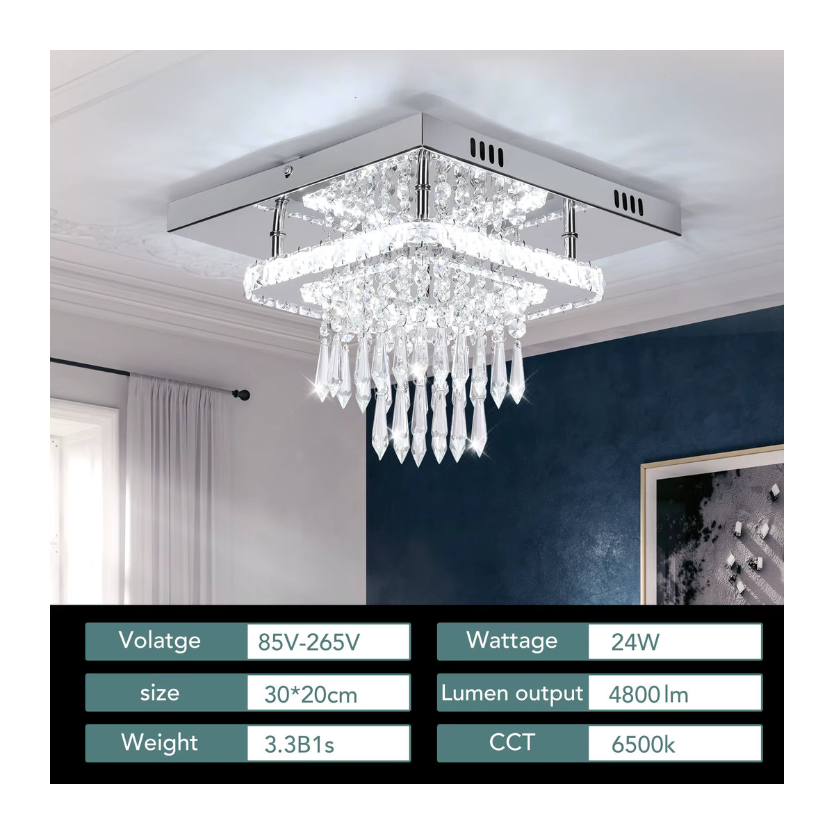 Oyajia Kristall-LED-Deckenleuchte in Chrom mit Glas, Kronleuchter für Wohnzimmer und Schlafzimmer, Kaltweiß, Durchmesser: 30 cm - Bild 5