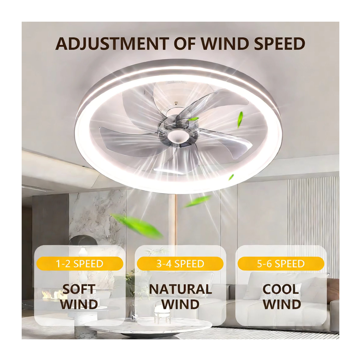 Oyajia LED-Deckenventilator mit Licht in Weiß, 46 W, 48 cm Durchmesser, modern mit Fernbedienung und 6 Windgeschwindigkeiten - Bild 3