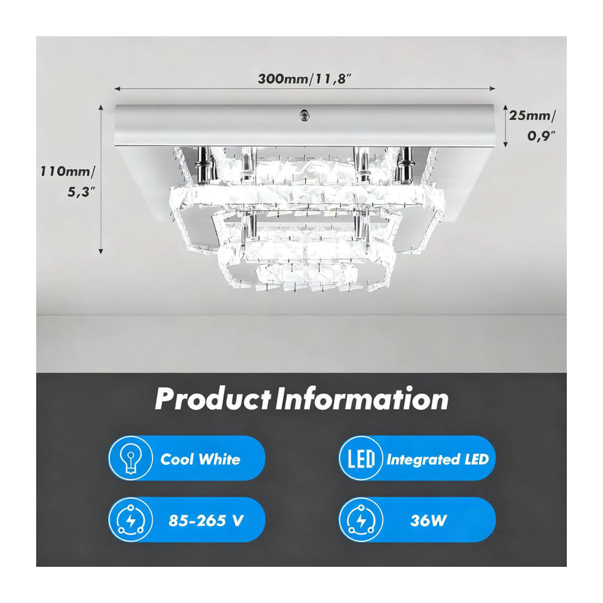 Oyajia LED-Kristall-Deckenleuchte in Chrom, 36 W, Kaltweiß, Durchmesser: 30 cm, Modernes Design - Bild 5