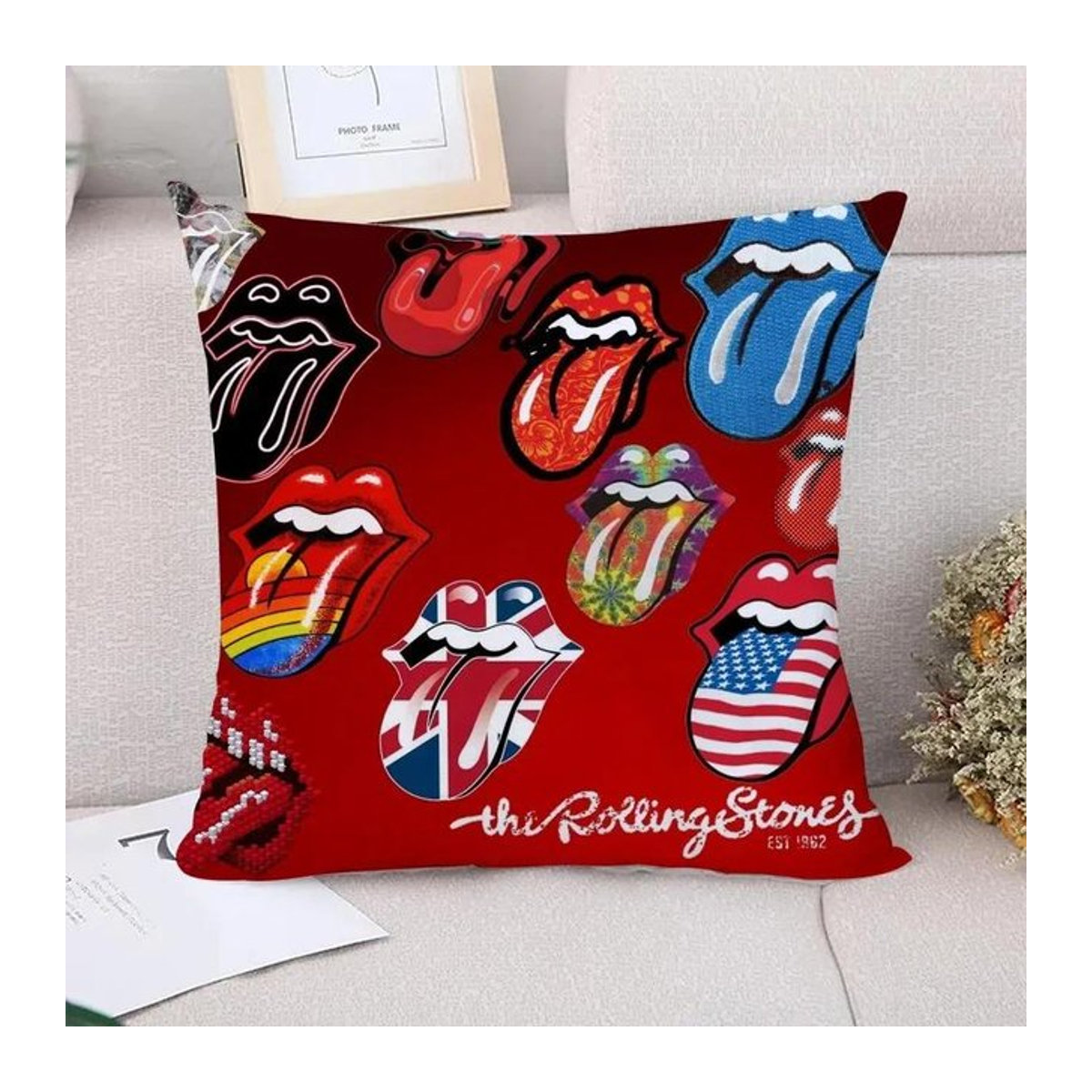 Paar dekorative Kissenbezüge Rolling Stones in Violett und Mehrfarbig, B/H: 45 x 45 cm - Bild 1