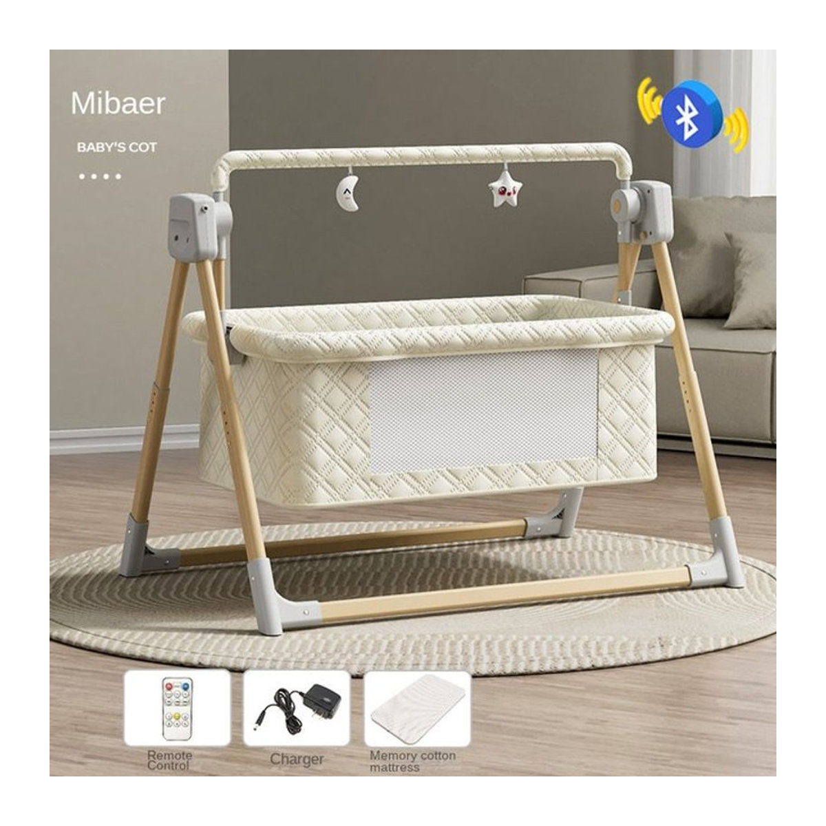 Pakey Elektrische Babywiege mit Musik und automatischer Schaukelfunktion, faltbarer Liegekorb aus Holz in Grau oder Beige - Bild 1