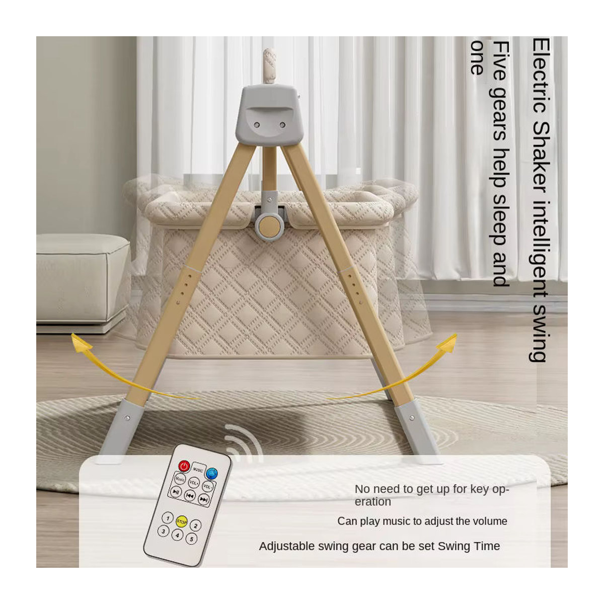 Pakey Elektrische Babywiege mit Musik und automatischer Schaukelfunktion, faltbarer Liegekorb aus Holz in Grau oder Beige - Bild 2