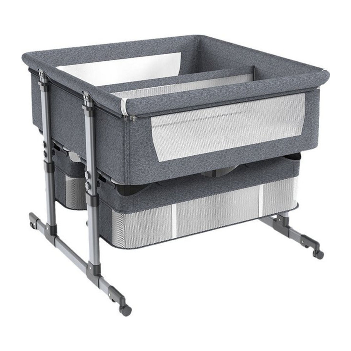 Pakey Zwillings-Kinderbett als höhenverstellbares Beistellbett und Schlafkörbchen aus Stoff und Metall in Beige oder Grau - Bild 1