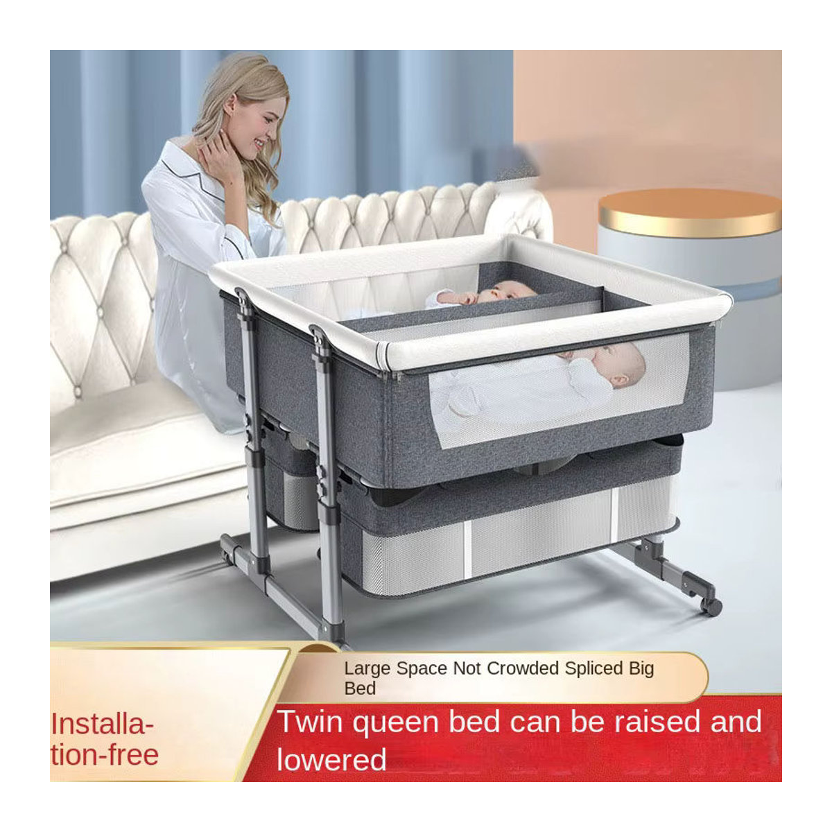 Pakey Zwillings-Kinderbett als höhenverstellbares Beistellbett und Schlafkörbchen aus Stoff und Metall in Beige oder Grau - Bild 2